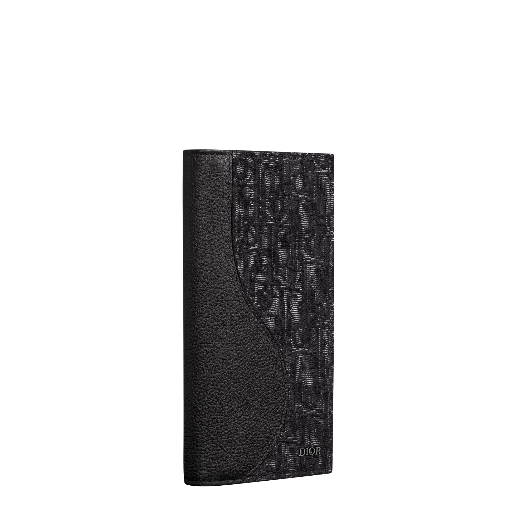 Saddle Long Vertical Wallet Black Grained Calfskin Marquetry and Black Dior Oblique Jacquard E03
