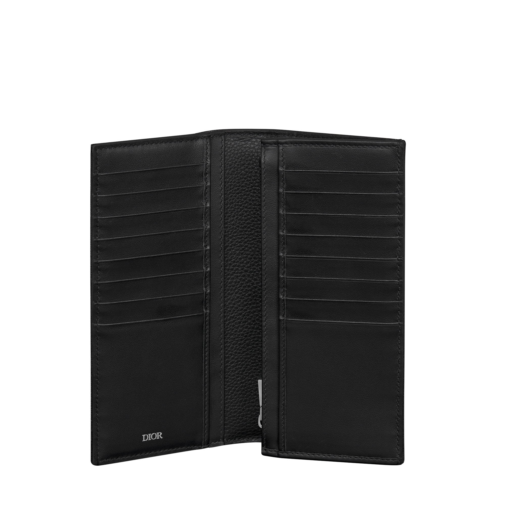 Saddle Long Vertical Wallet Black Grained Calfskin Marquetry and Black Dior Oblique Jacquard E07