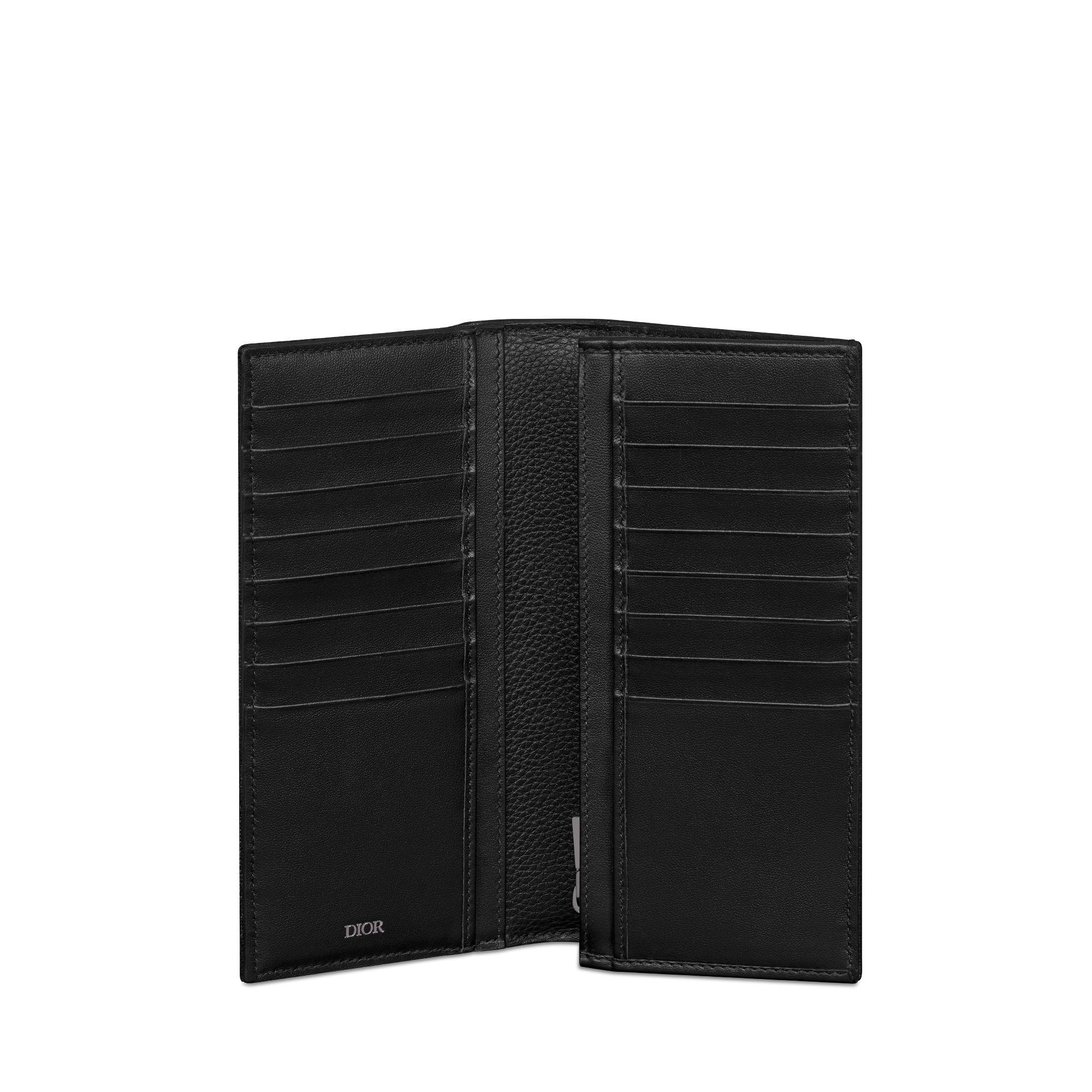 Lange verticale Saddle-portemonnee Zwart generfd kalfsleer met inlegwerk en beige en zwarte Dior Oblique-jacquard E07