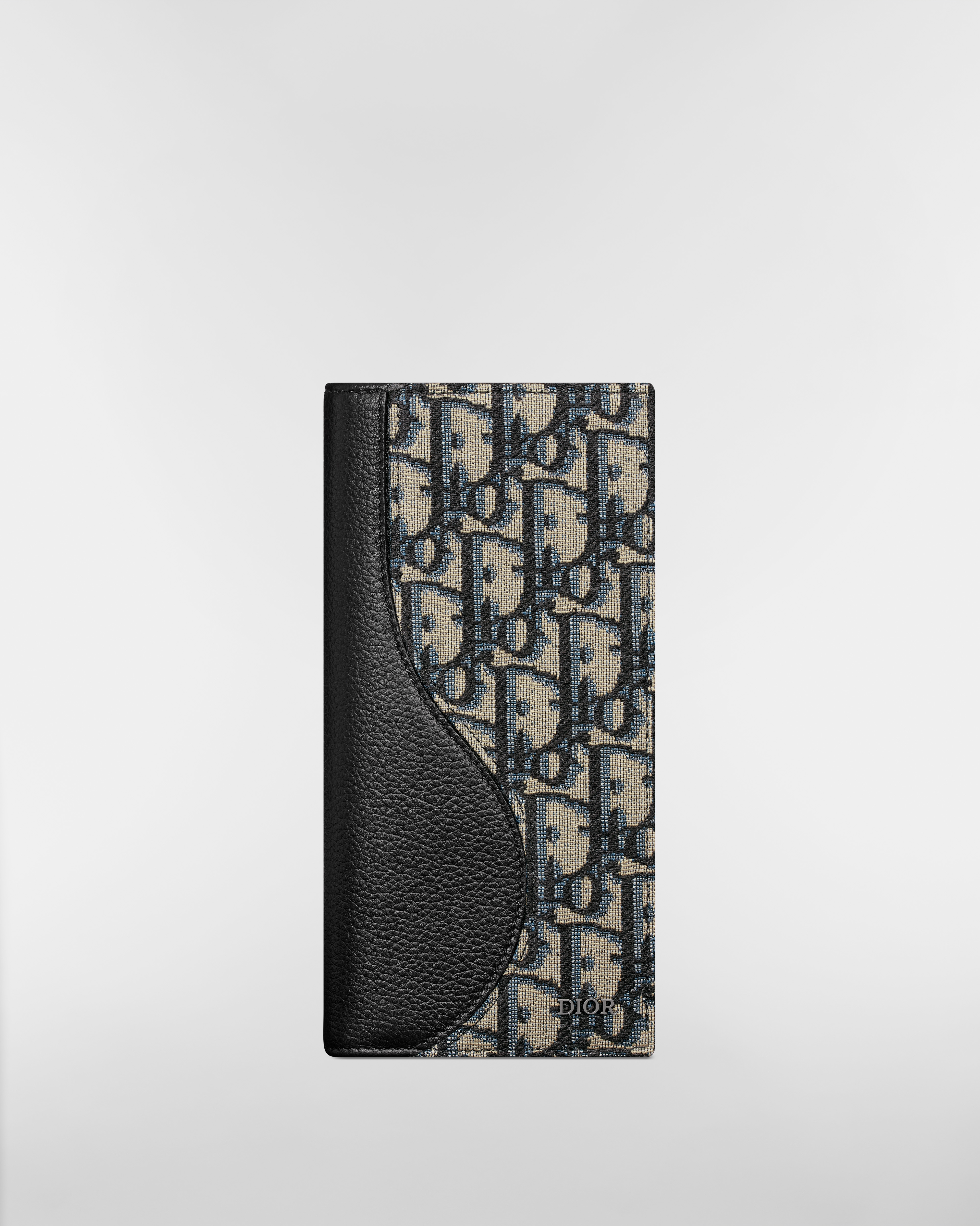 Saddle Long Vertical Wallet Black Grained Calfskin Marquetry with Beige and Black Dior Oblique Jacquard E01