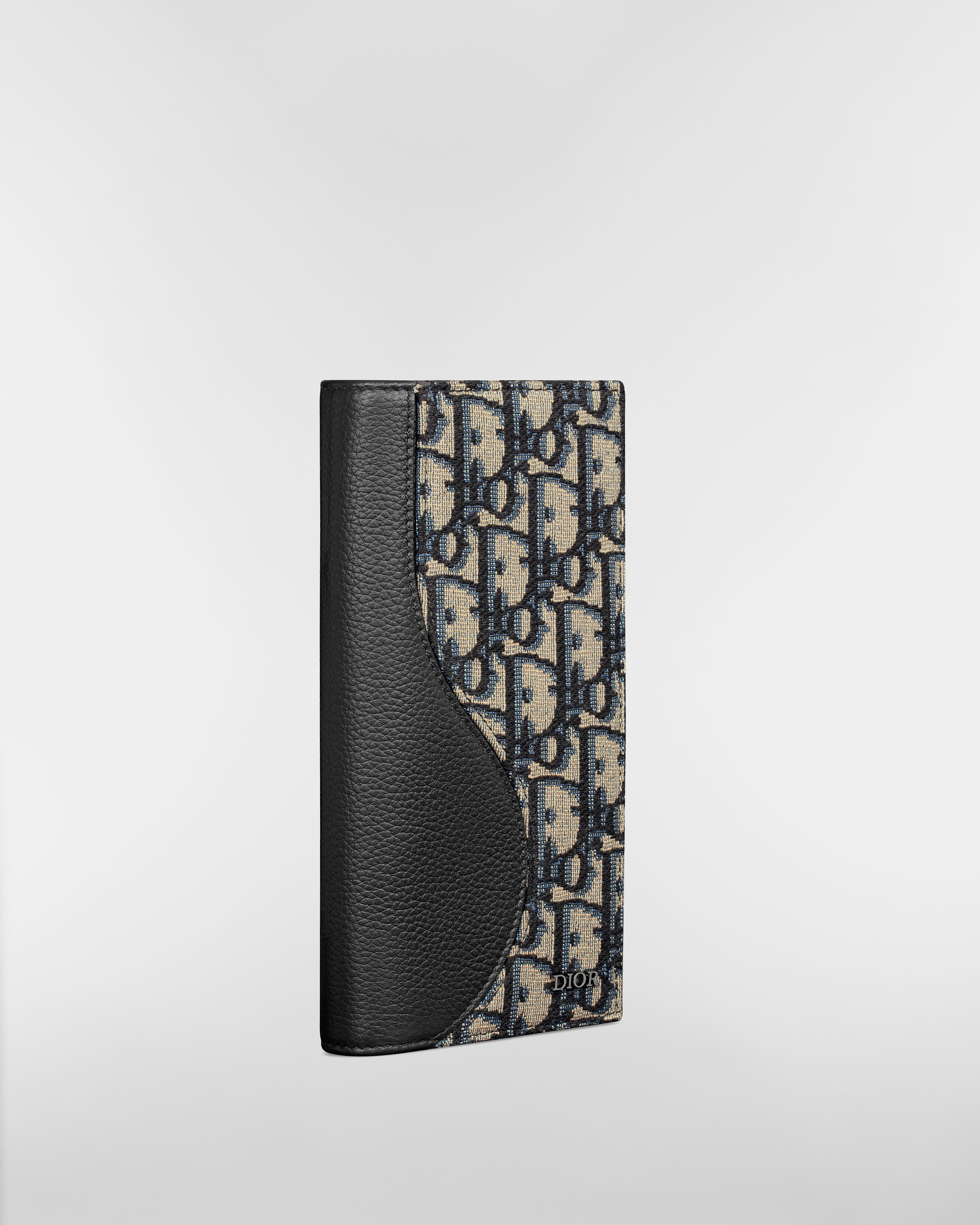 Saddle Long Vertical Wallet Black Grained Calfskin Marquetry with Beige and Black Dior Oblique Jacquard E03