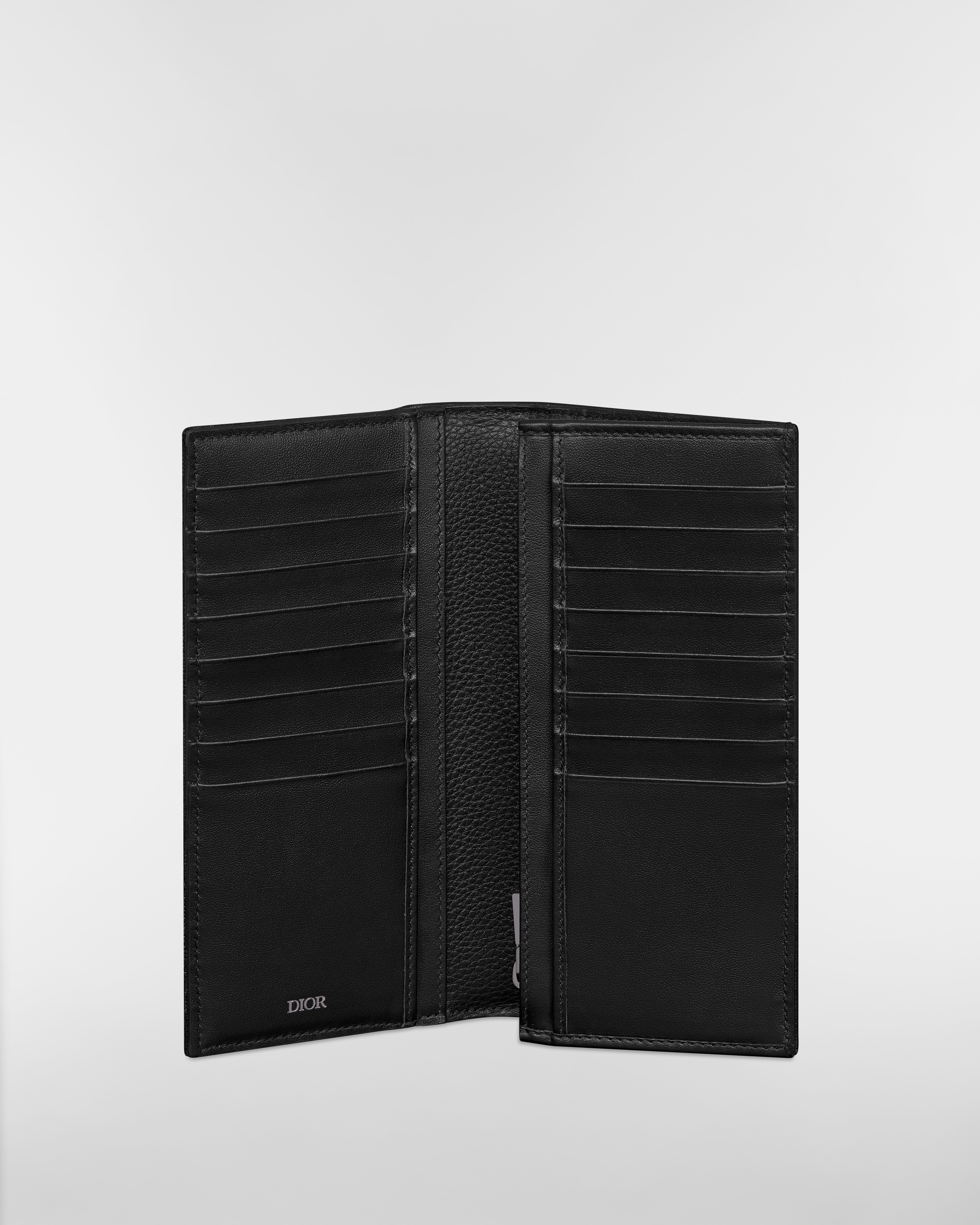 Saddle Long Vertical Wallet Black Grained Calfskin Marquetry with Beige and Black Dior Oblique Jacquard E07