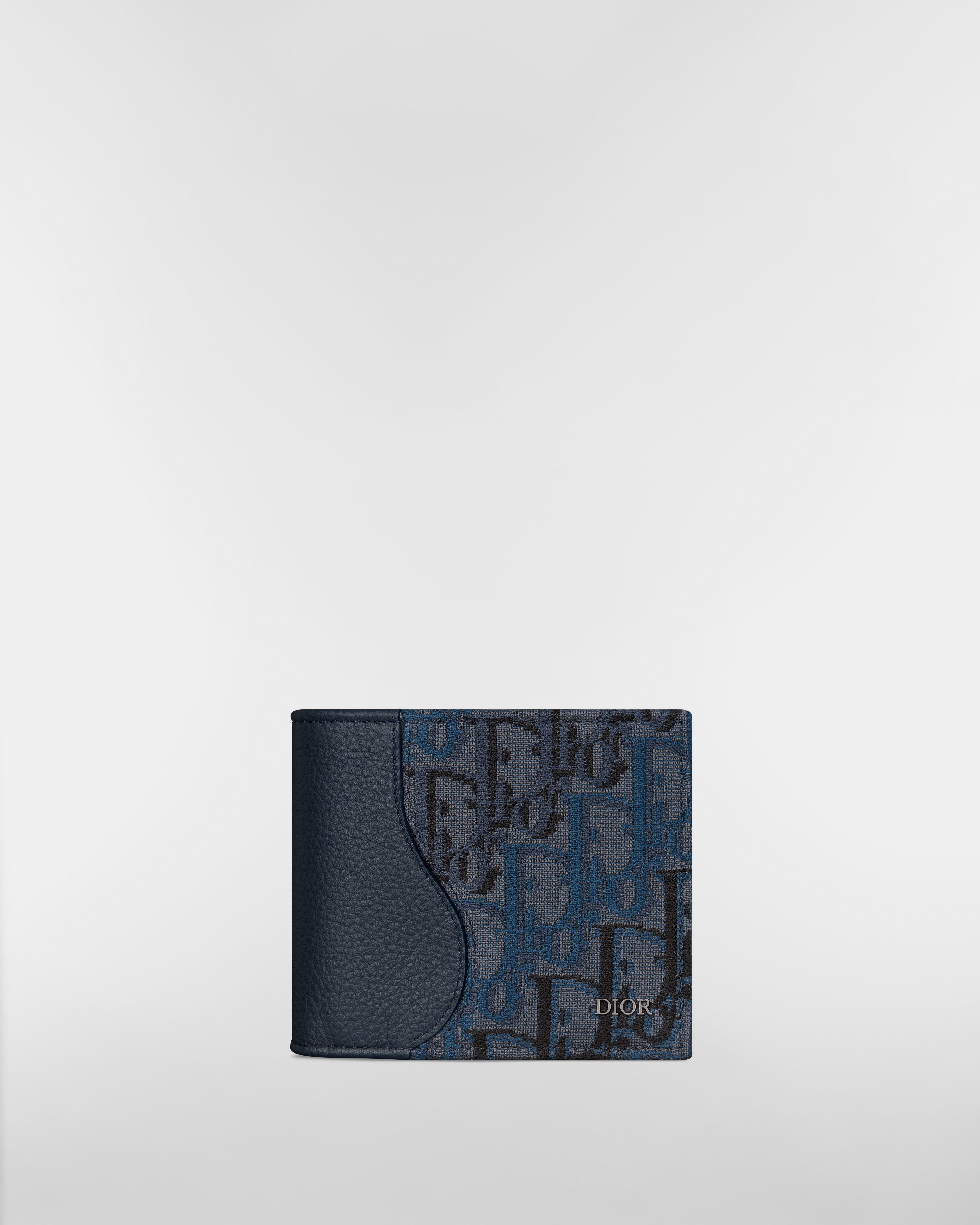 Portefeuille à deux volets Saddle Marqueterie de cuir de veau grainé bleu foncé et toile jacquard Dior Oblique Trio bleu foncé E01