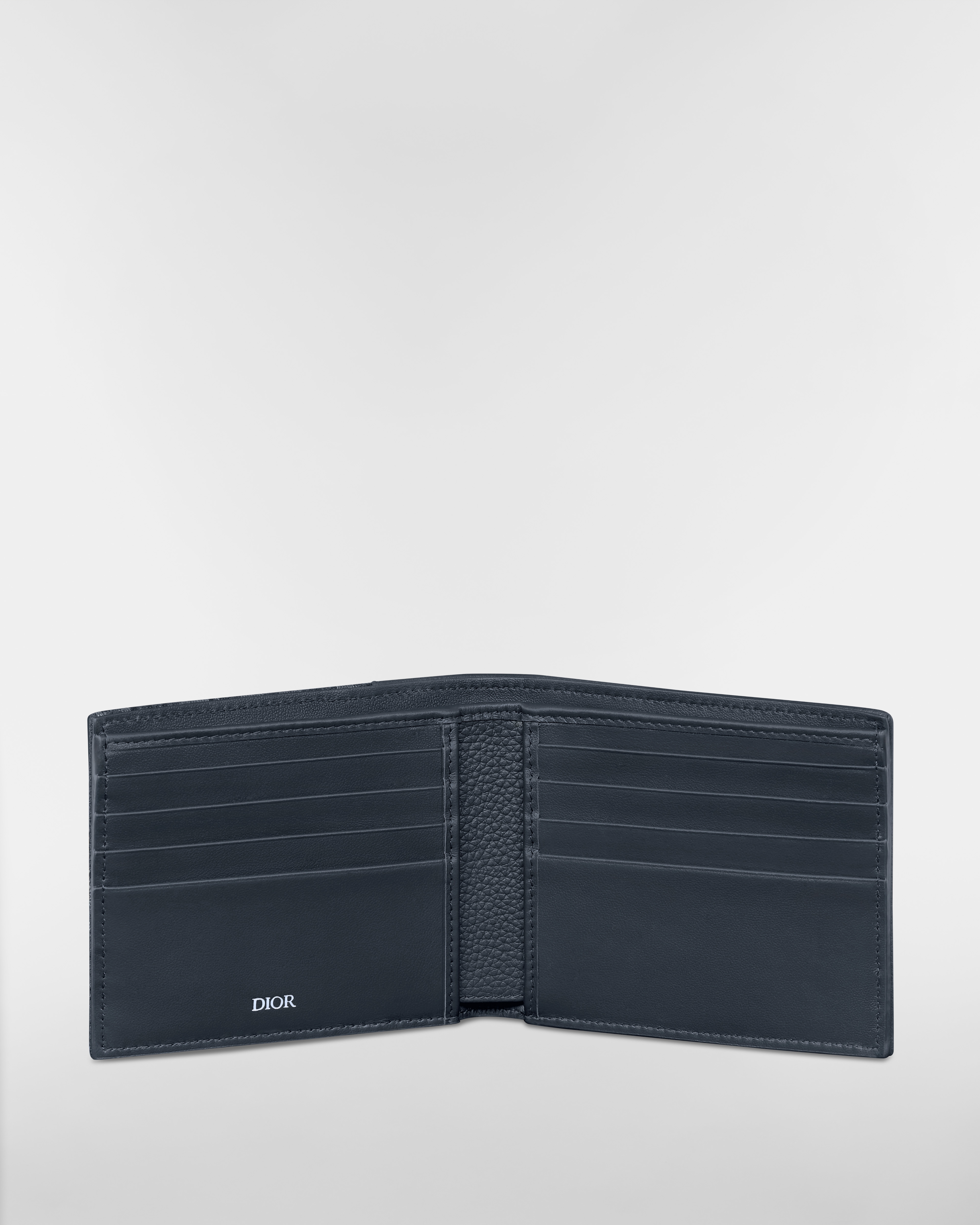 Portefeuille à deux volets Saddle Marqueterie de cuir de veau grainé bleu foncé et toile jacquard Dior Oblique Trio bleu foncé E07