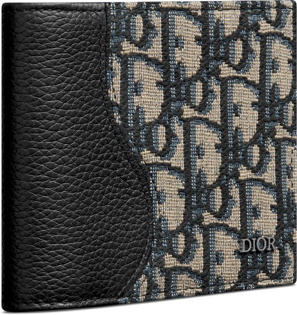 DIOR Saddle Bifold Card Holder Black Grained Calfskin Marquetry With Beige And Black Dior Oblique Jacquard Men
