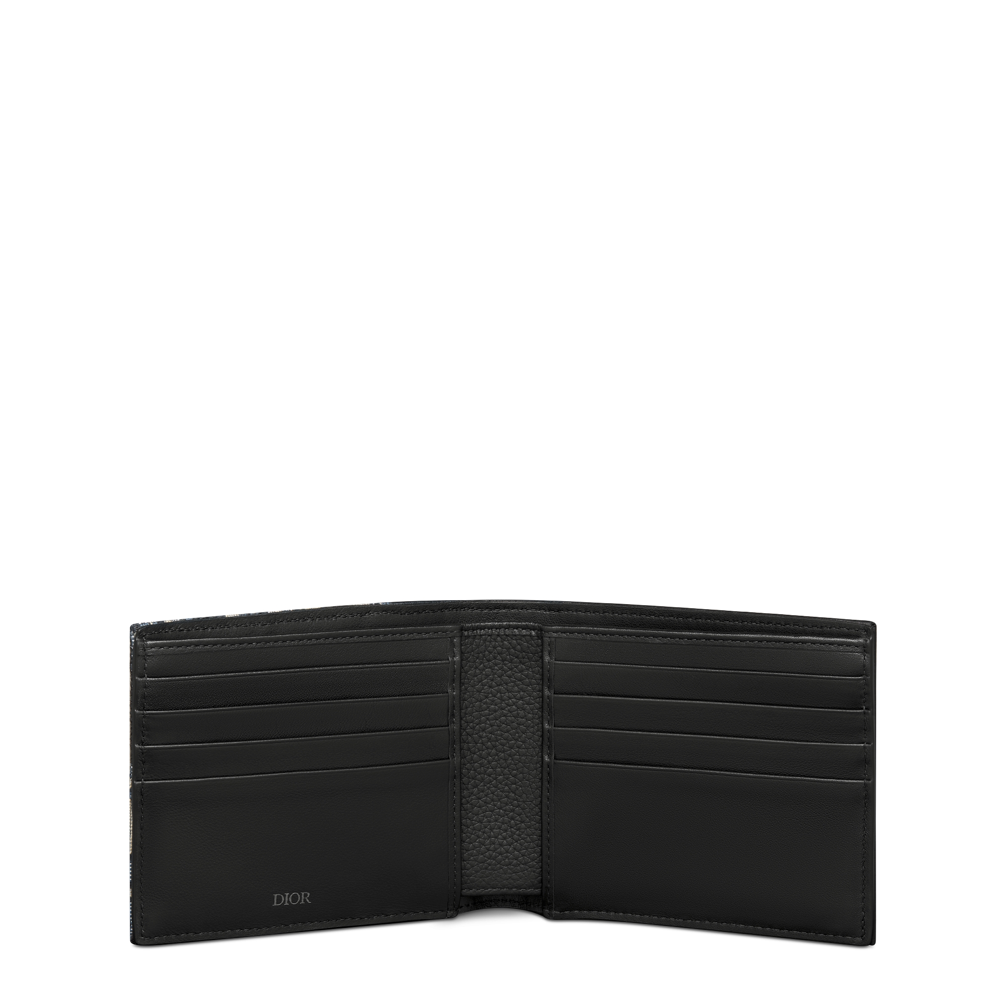 Saddle Bifold-Portemonnaie Genarbtes Kalbsleder in Schwarz mit Marketerie und Dior Oblique Jacquard in Beige und Schwarz E07