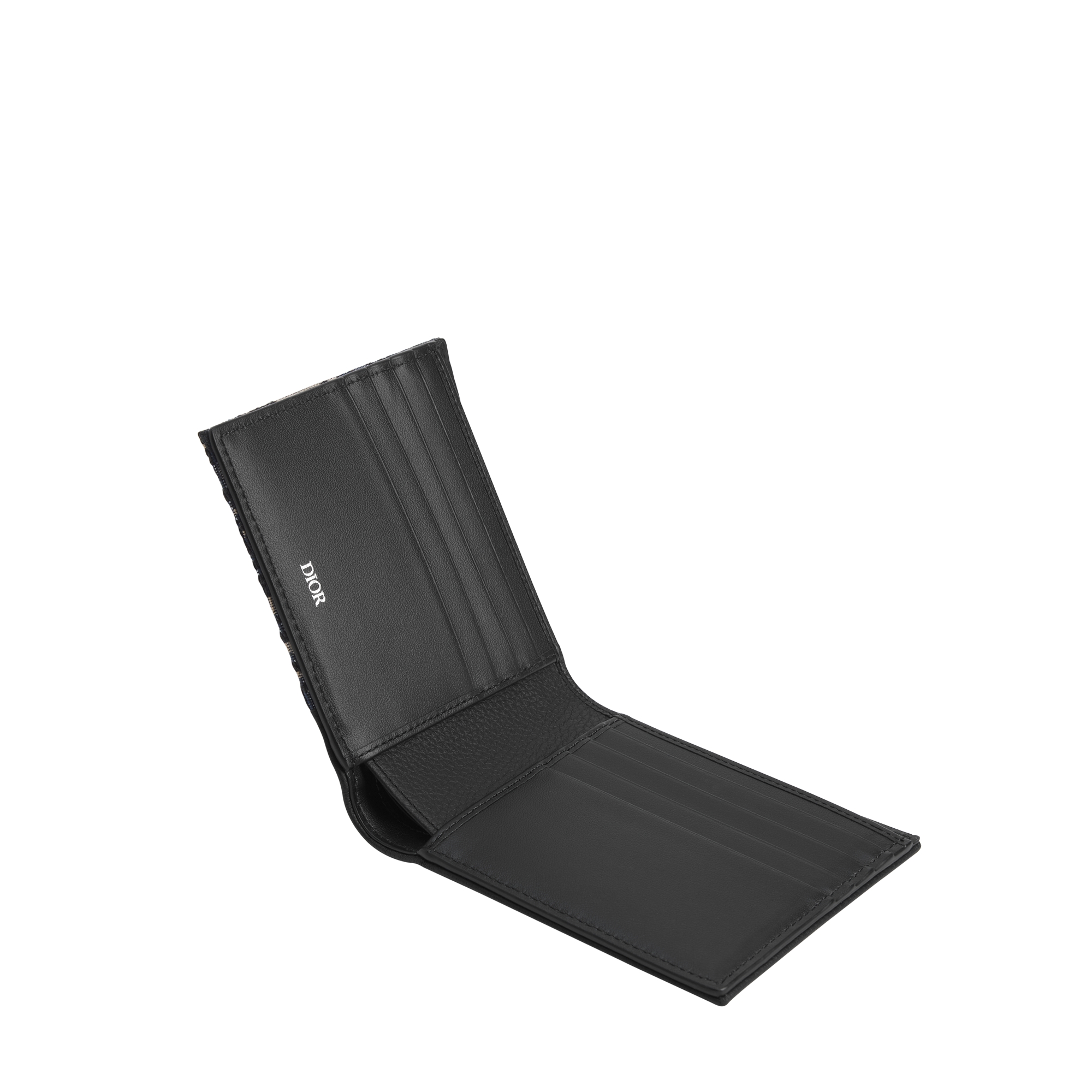 Saddle Bifold Wallet Black Grained Calfskin Marquetry with Beige and Black Dior Oblique Jacquard E07