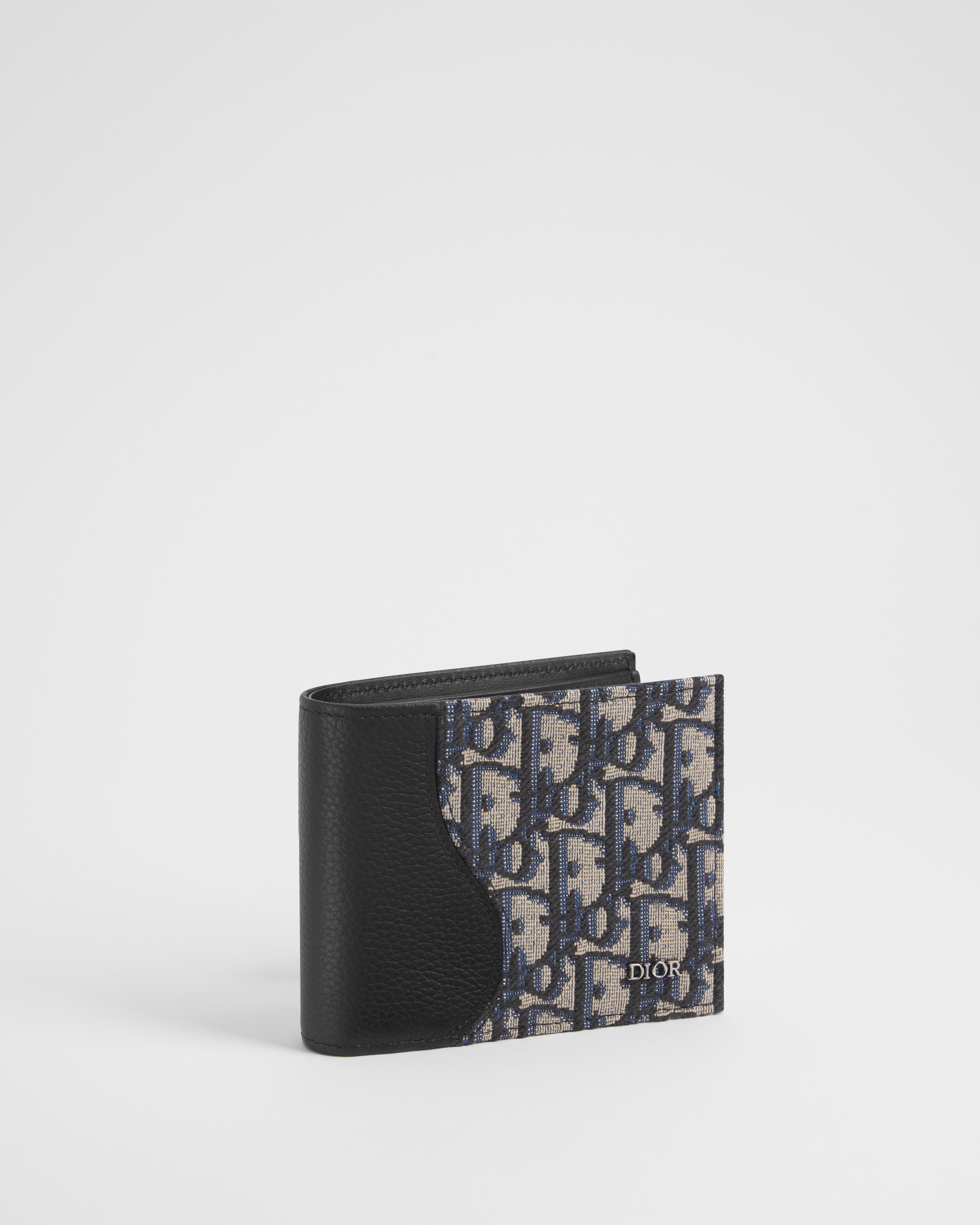 Saddle 兩摺型銀包 黑色顆粒小牛皮鑲嵌工藝配米色和黑色 Dior Oblique 圖案緹花 E03