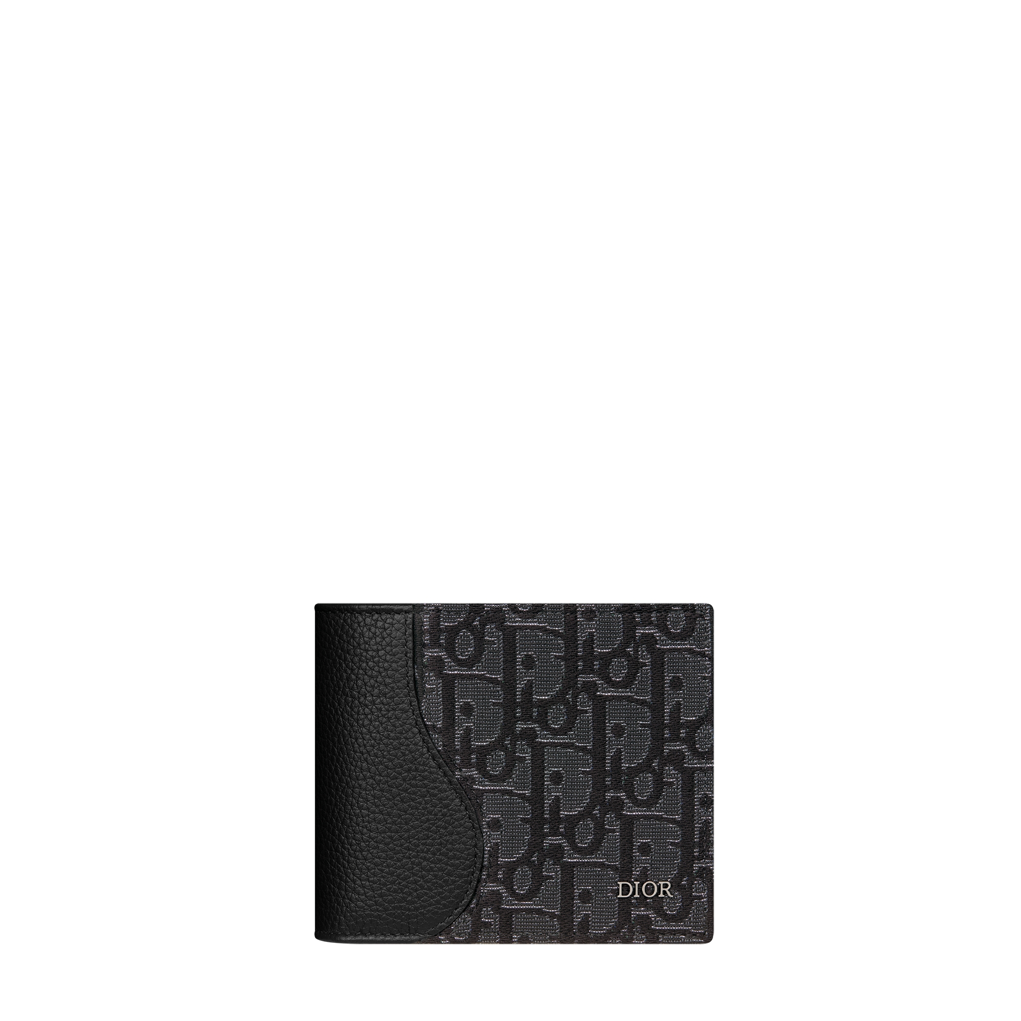 Saddle Bifold Wallet Black Grained Calfskin and Silver-Tone Metallic Dior Oblique Jacquard Marquetry E01
