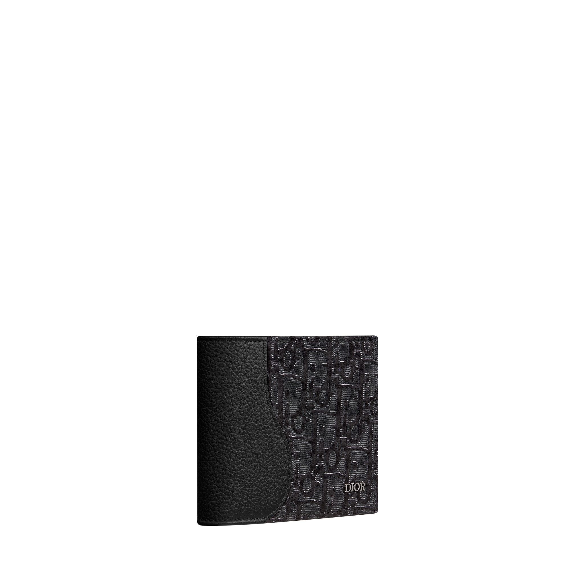 Saddle Bifold Wallet Black Grained Calfskin and Silver-Tone Metallic Dior Oblique Jacquard Marquetry E03