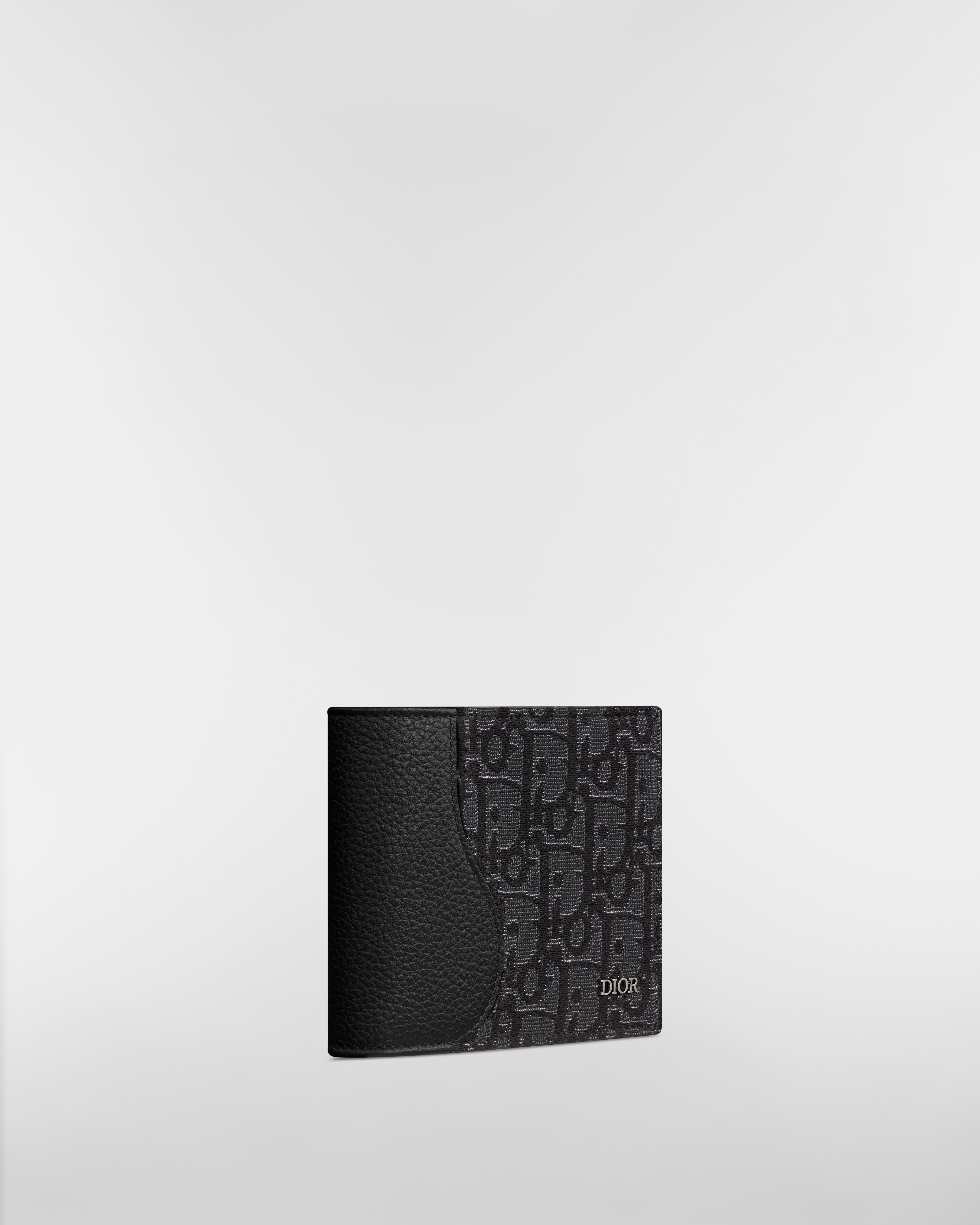 Saddle Bifold Wallet Black Grained Calfskin and Silver-Tone Metallic Dior Oblique Jacquard Marquetry E03