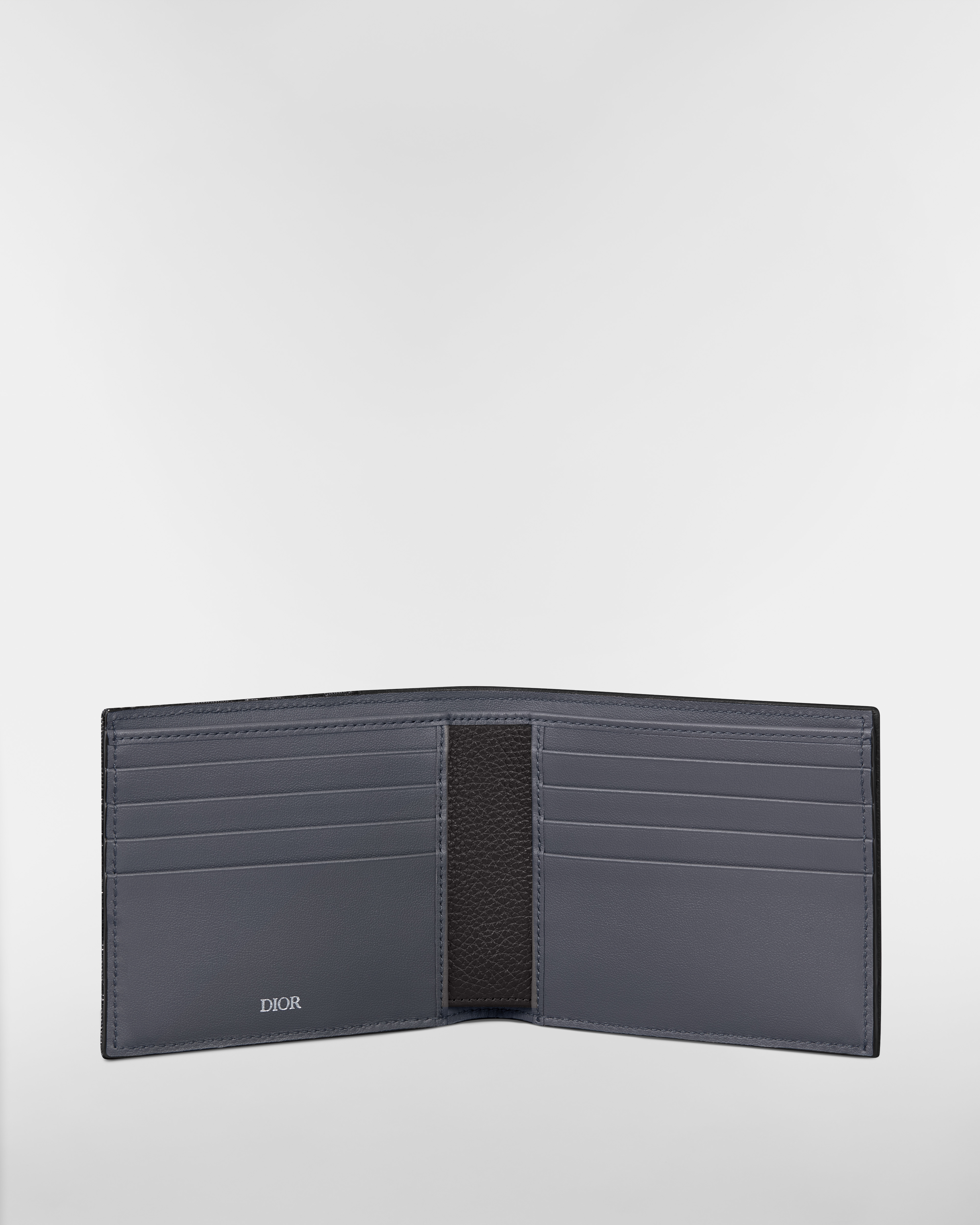Saddle Bifold Wallet Black Grained Calfskin and Silver-Tone Metallic Dior Oblique Jacquard Marquetry E06