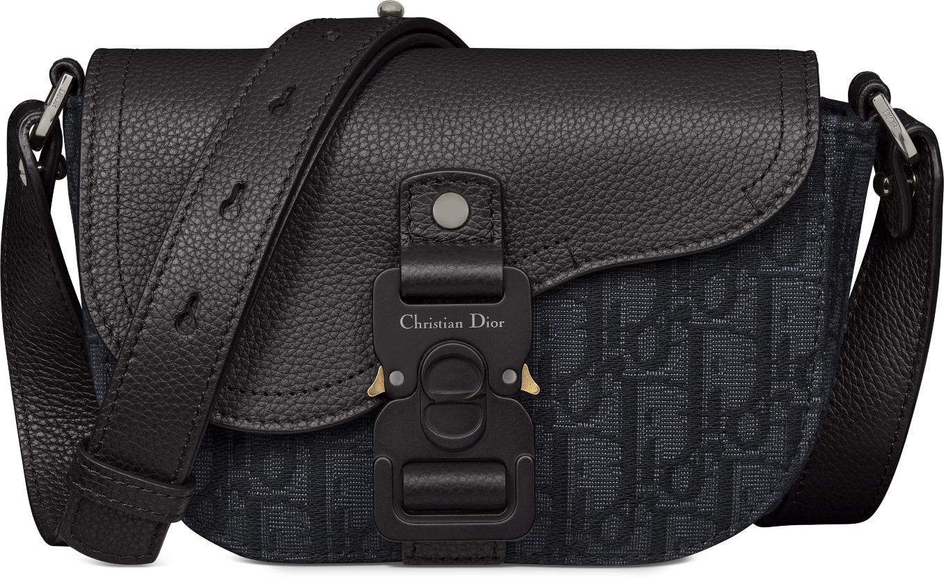 Mini Saddle Messenger Bag with Flap Black Dior Oblique Jacquard and Black Grained Calfskin DIOR