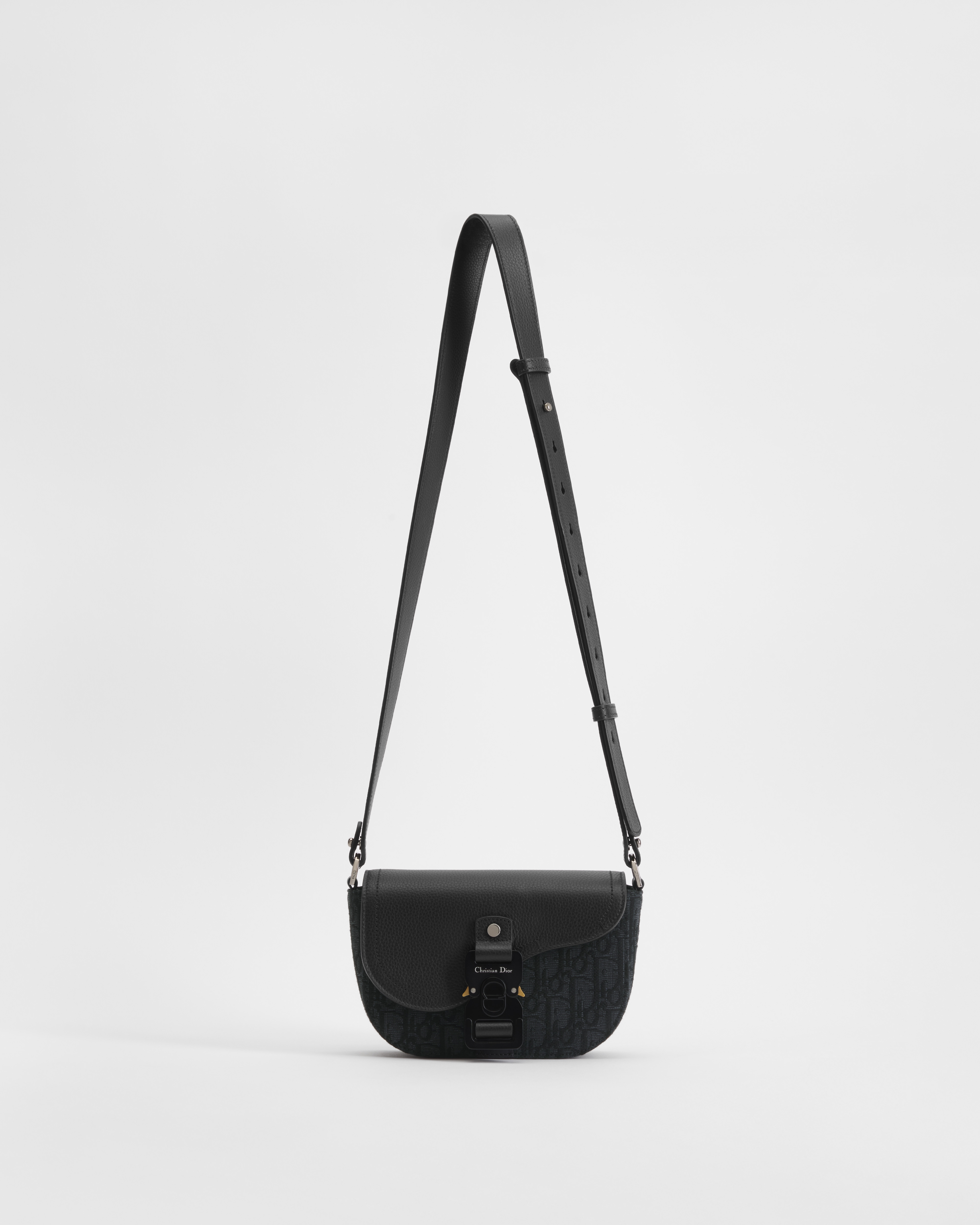 Borsa a tracolla mini Saddle con pattina Jacquard Dior Oblique e pelle di vitello granulata neri E07