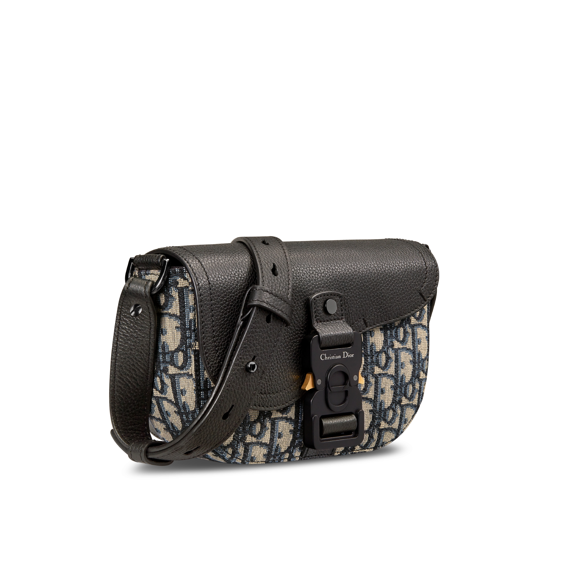 Saddle 미니 플랩 메신저백 베이지 & 블랙 Dior Oblique 자카드, 블랙 그레인 송아지 가죽 E03