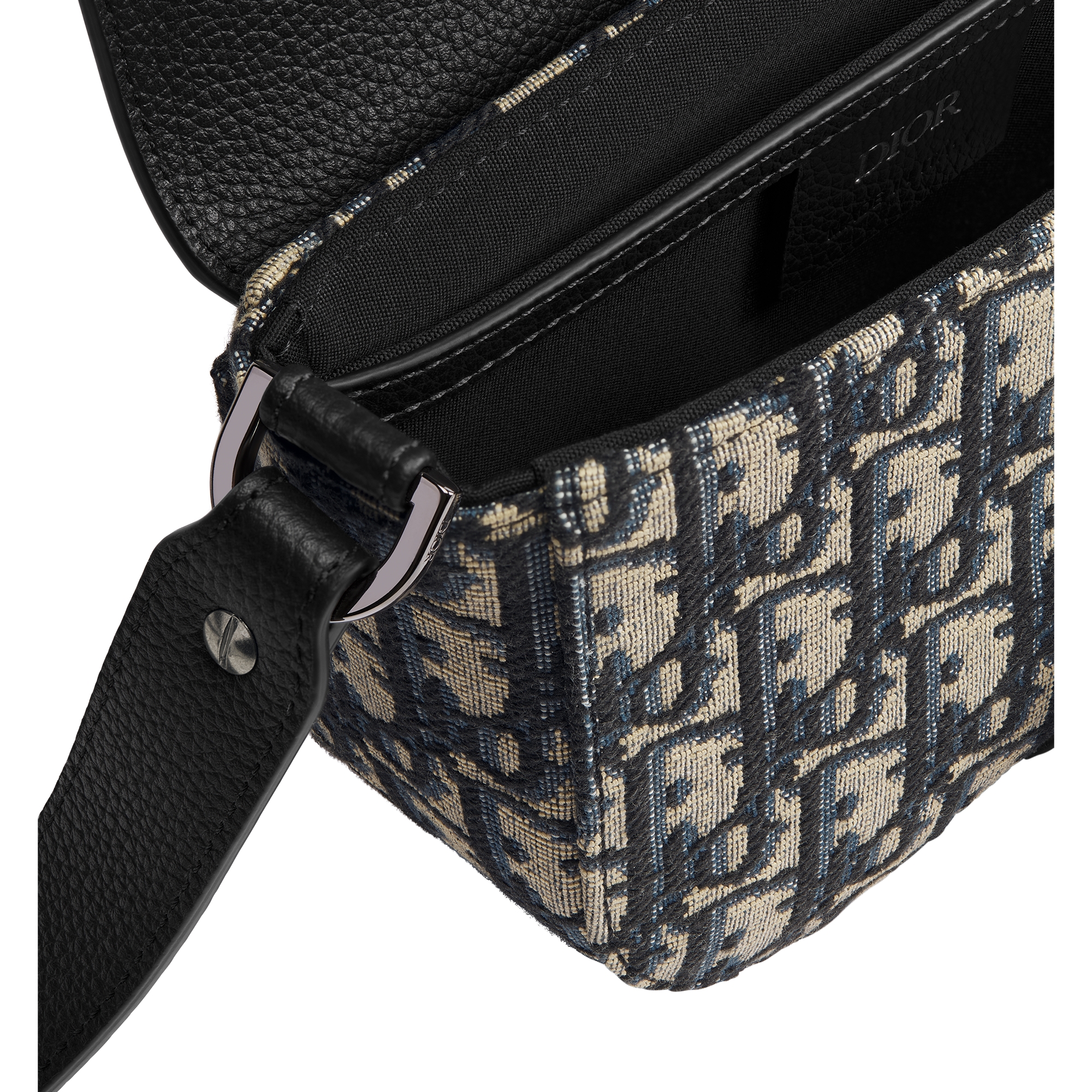 Mini Saddle Messenger Bag with Flap Beige and Black Dior Oblique Jacquard with Black Grained Calfskin E09