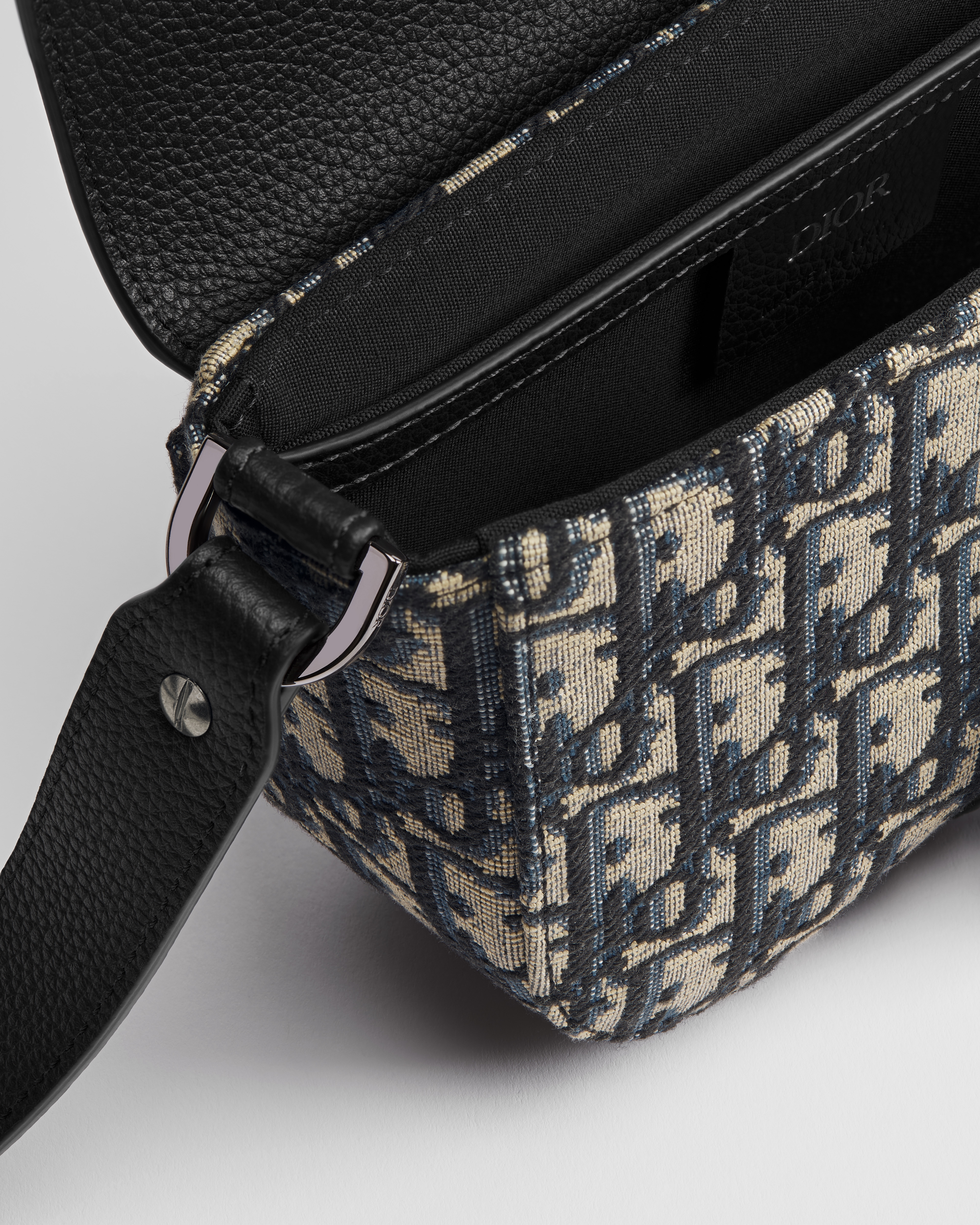 Mini Saddle Messenger Bag with Flap Beige and Black Dior Oblique Jacquard with Black Grained Calfskin E09