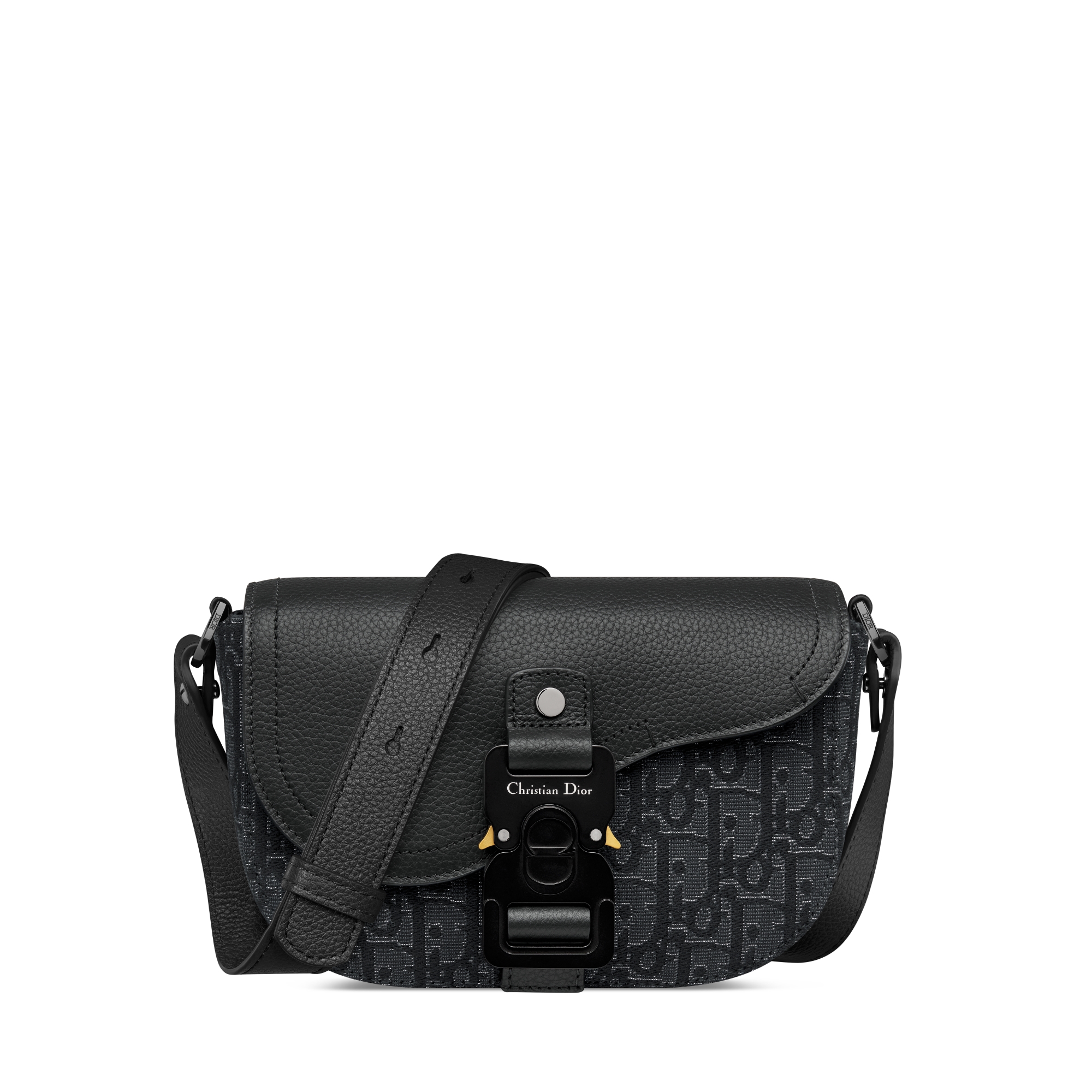 Saddle 迷你翻蓋郵差包 銀色金屬 Dior Oblique 緹花和黑色粒面小牛皮 E01