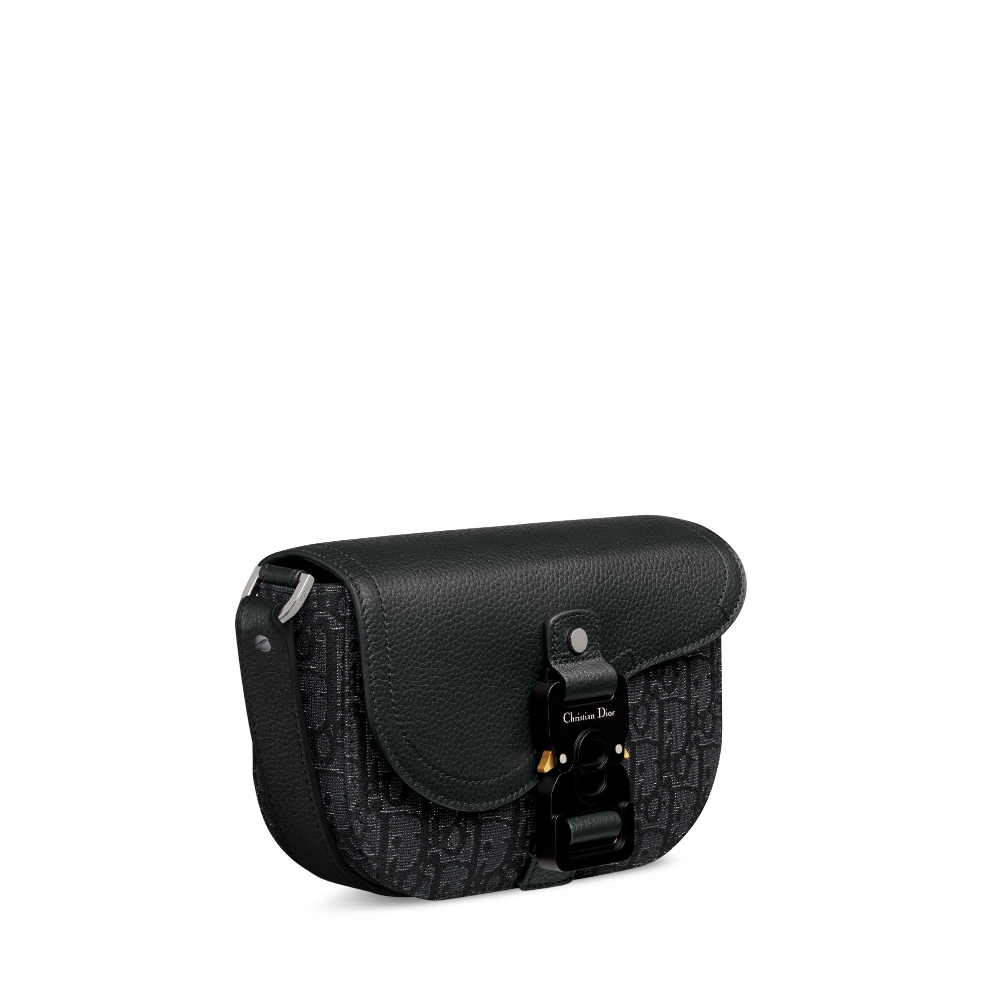 Saddle 迷你翻蓋郵差包 銀色金屬 Dior Oblique 緹花和黑色粒面小牛皮 E03