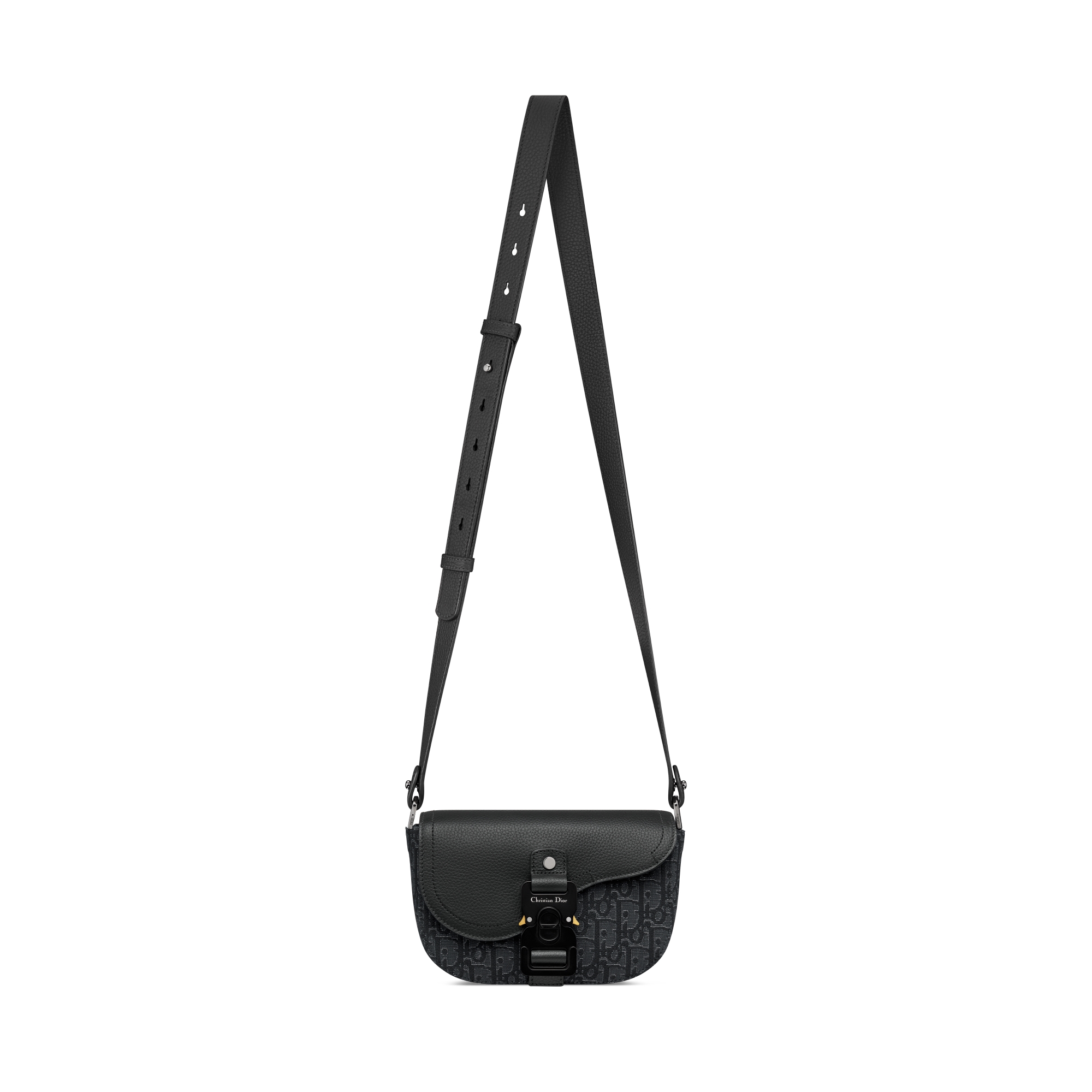 Saddle 迷你翻蓋郵差包 銀色金屬 Dior Oblique 緹花和黑色粒面小牛皮 E07