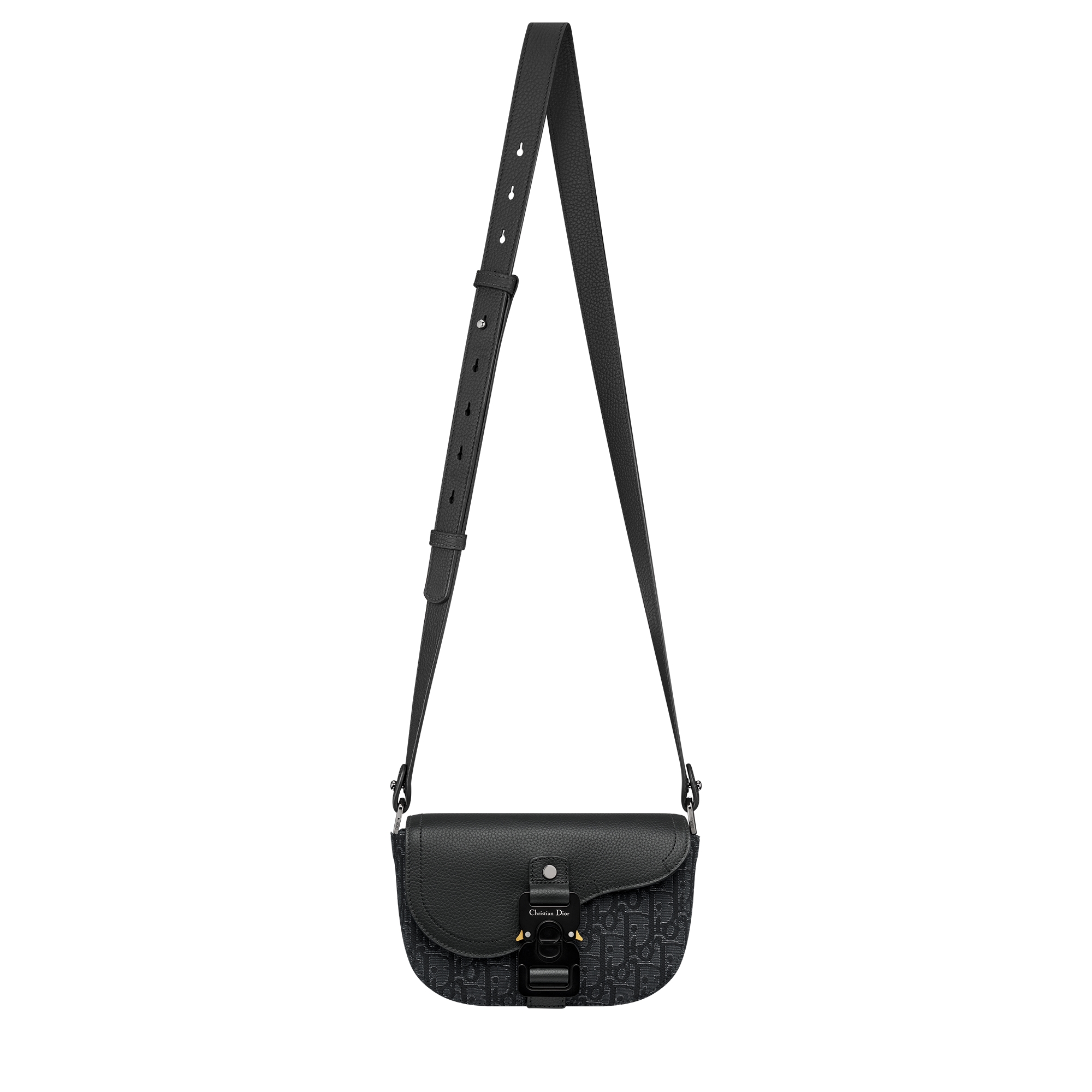 Mini Saddle Messenger Bag with Flap Black Jacquard with Silver-Tone Metallic Dior Oblique and Black Grained Calfskin E07