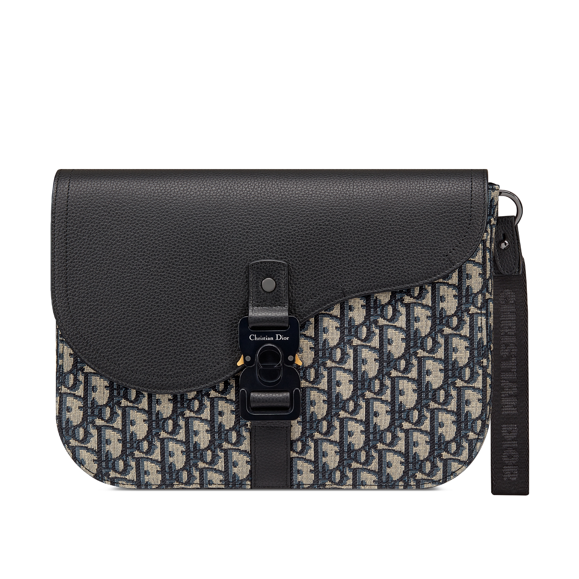 Saddle A5 파우치 베이지 & 블랙 Dior Oblique 자카드, 블랙 그레인 송아지 가죽 E01