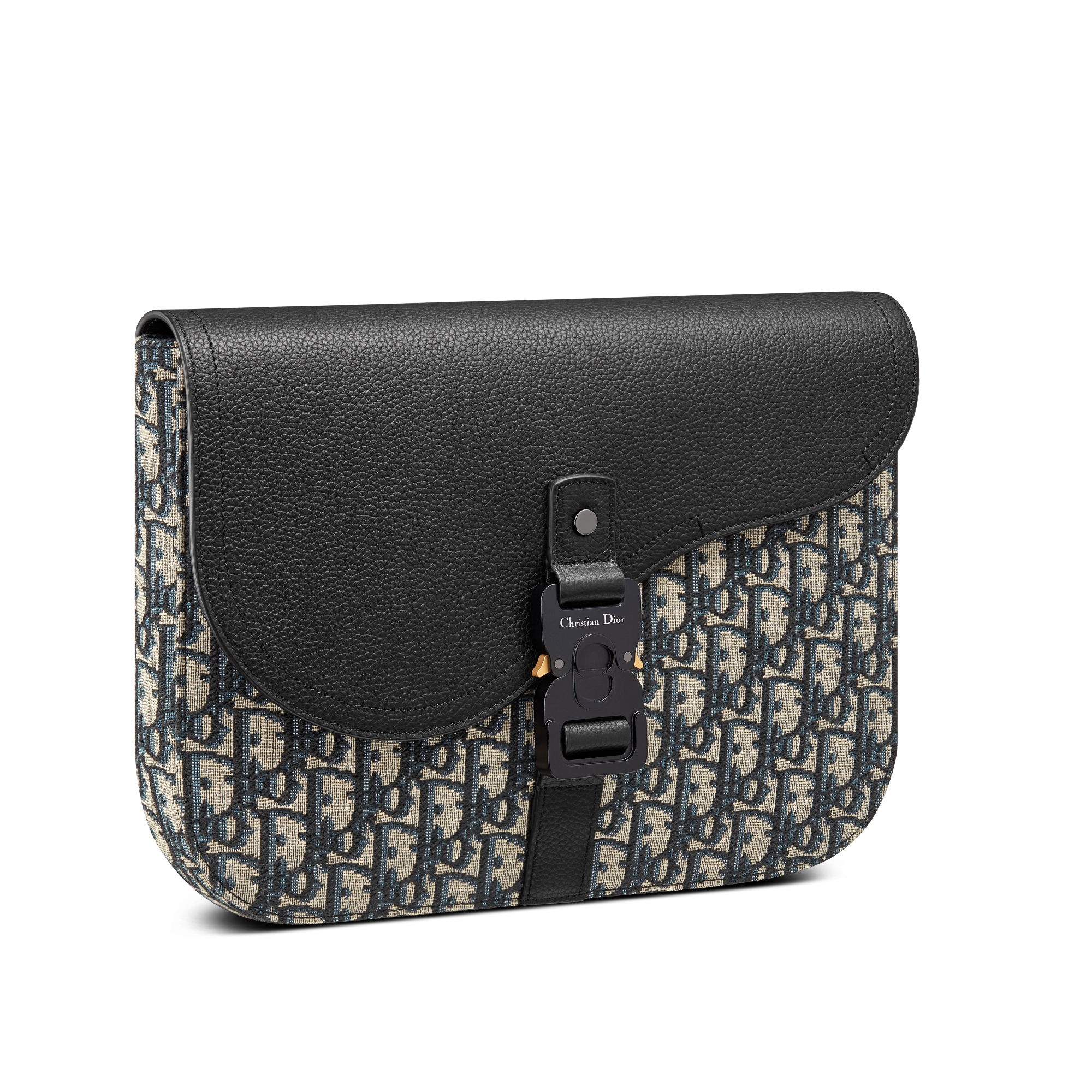 Pochette A5 Saddle Toile jacquard Dior Oblique beige et noir et cuir de veau grainé noir E03