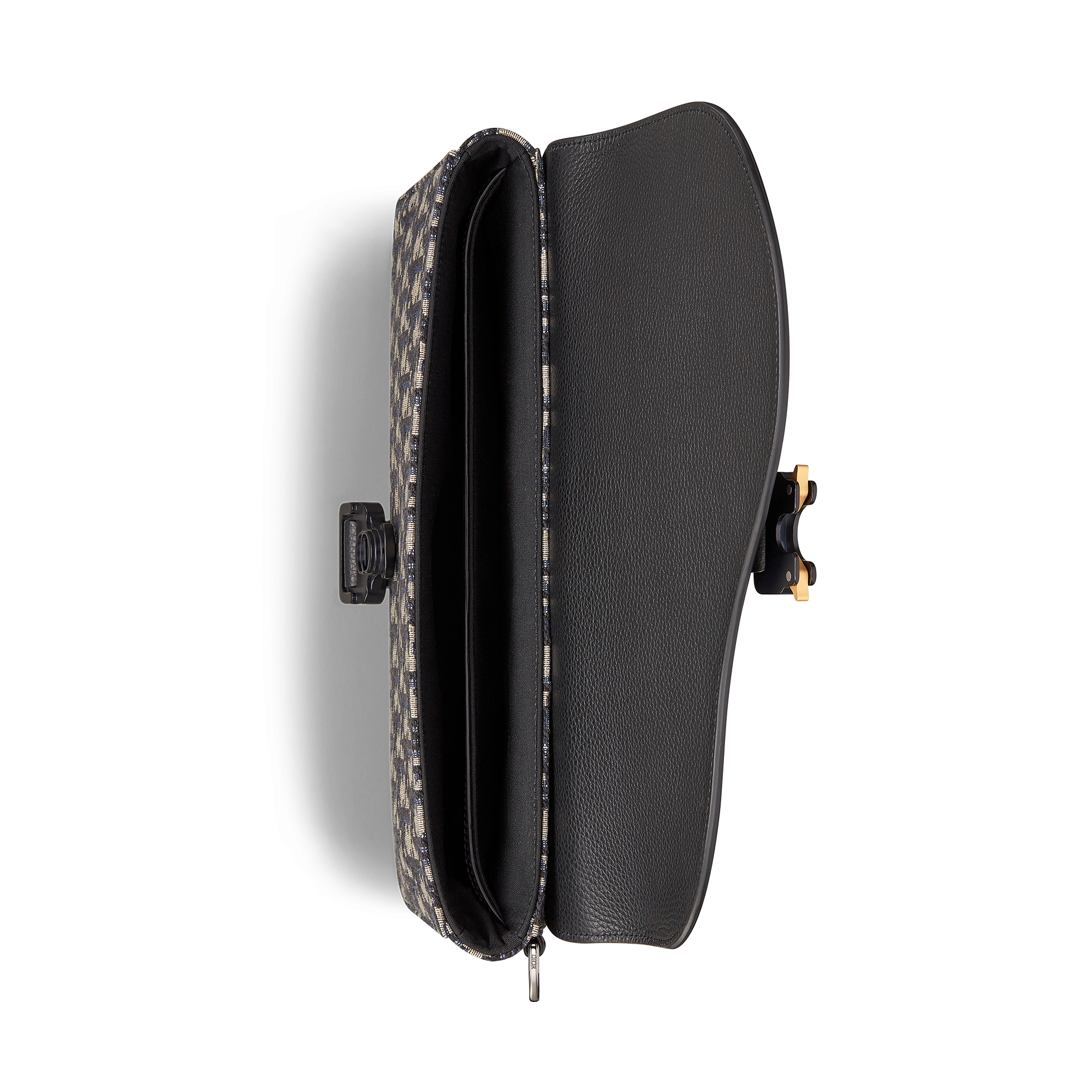 Pochette A5 Saddle Toile jacquard Dior Oblique beige et noir et cuir de veau grainé noir E06