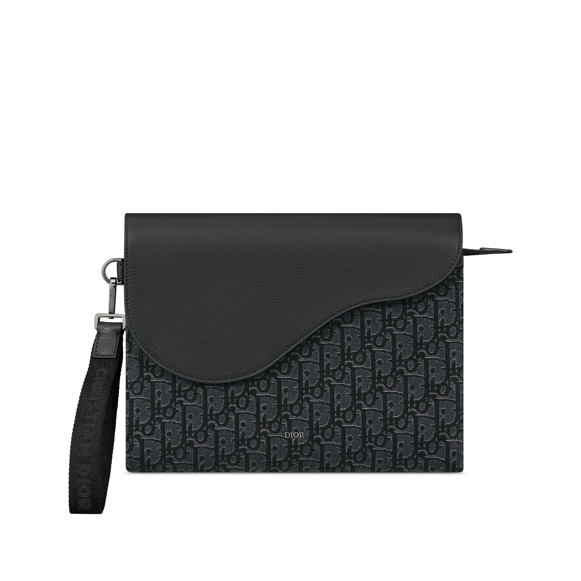 Saddle A5 트라이앵글 파우치 실버 톤 메탈릭 Dior Oblique 자카드 & 블랙 그레인 송아지 가죽 E01