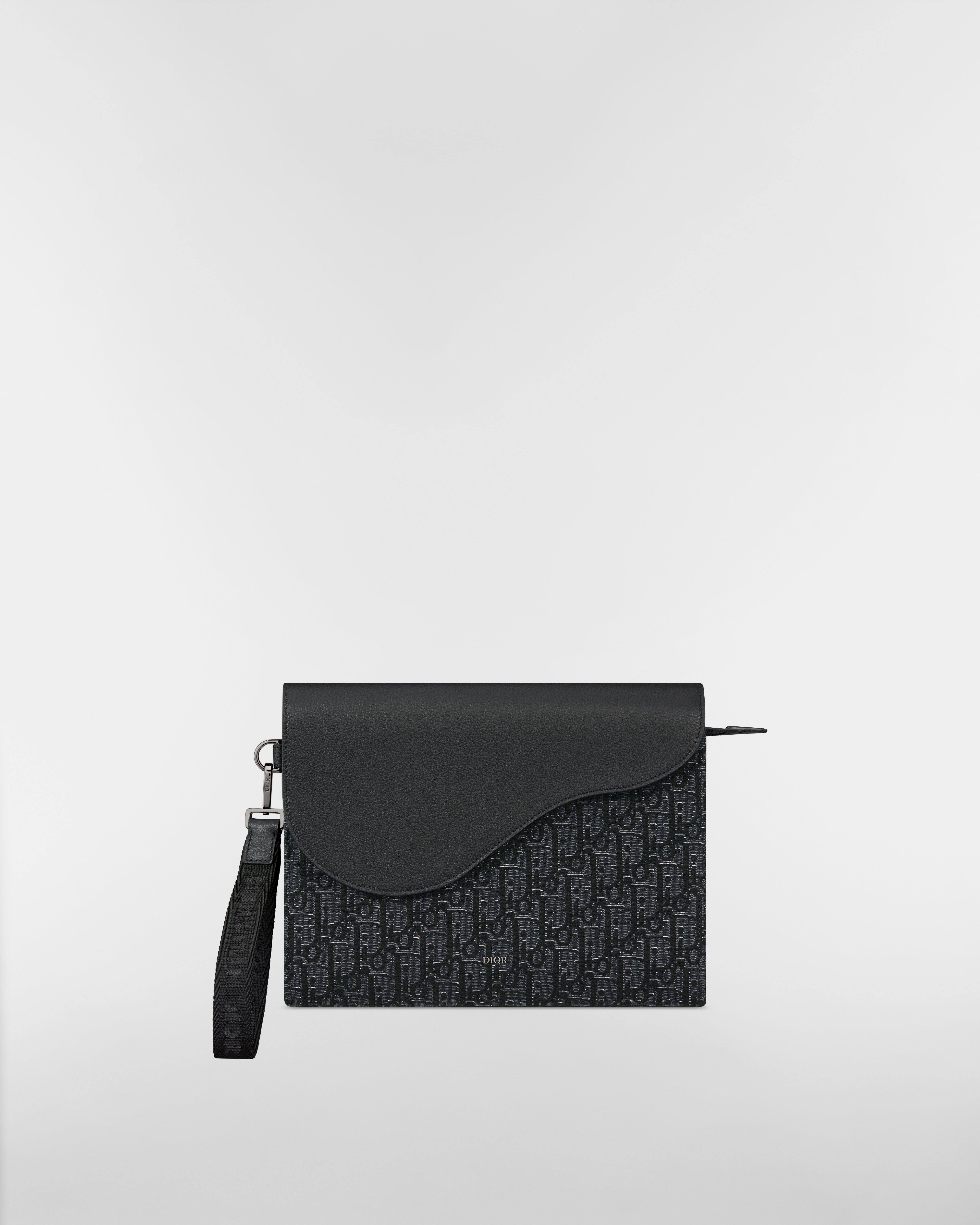 Saddle A5 Triangle Pouch Silver-Tone Metallic Dior Oblique Jacquard and Black Grained Calfskin E01