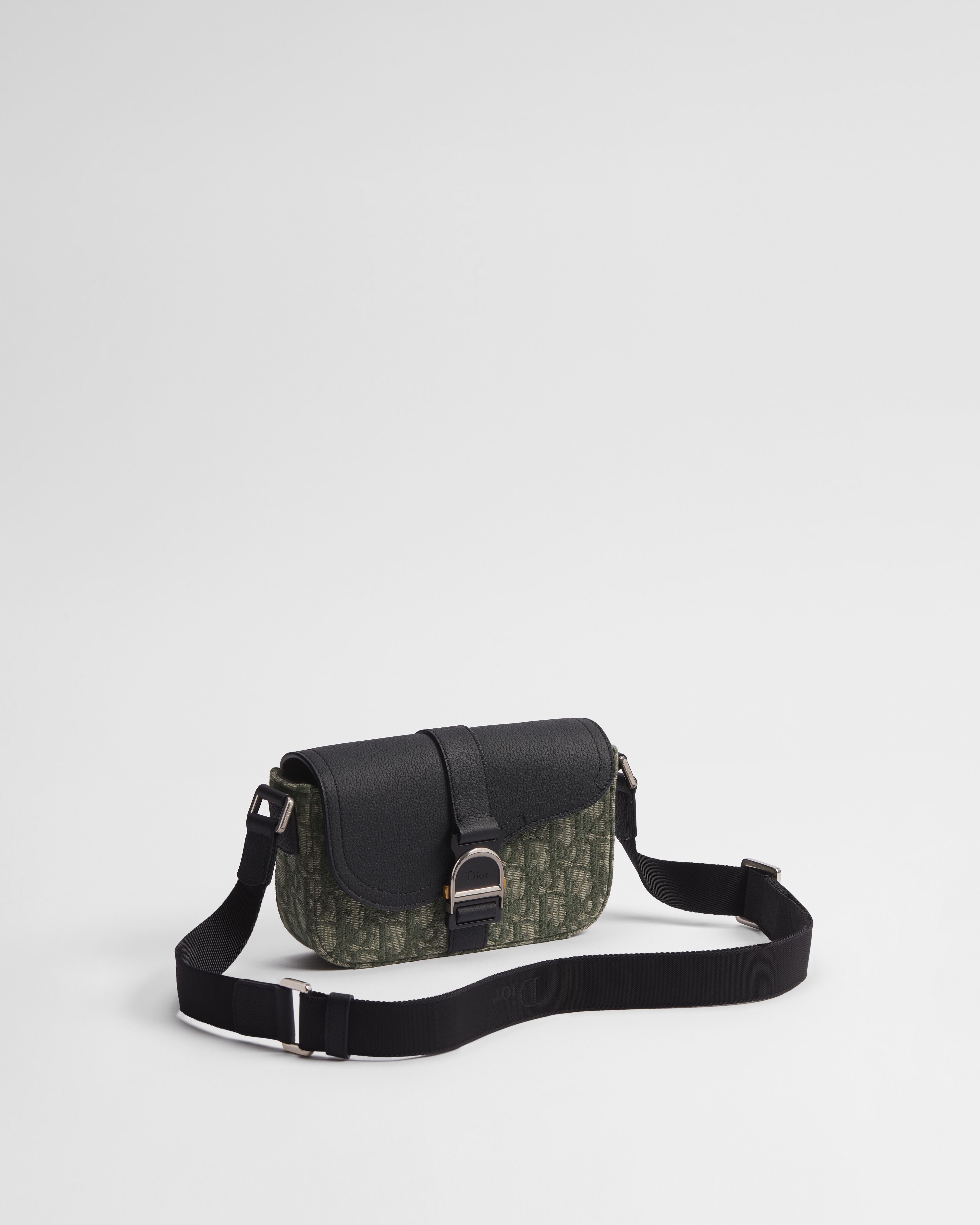 Mini Saddle Heritage Messenger Bag with Flap Khaki Dior Oblique Jacquard and Black Grained Calfskin E03