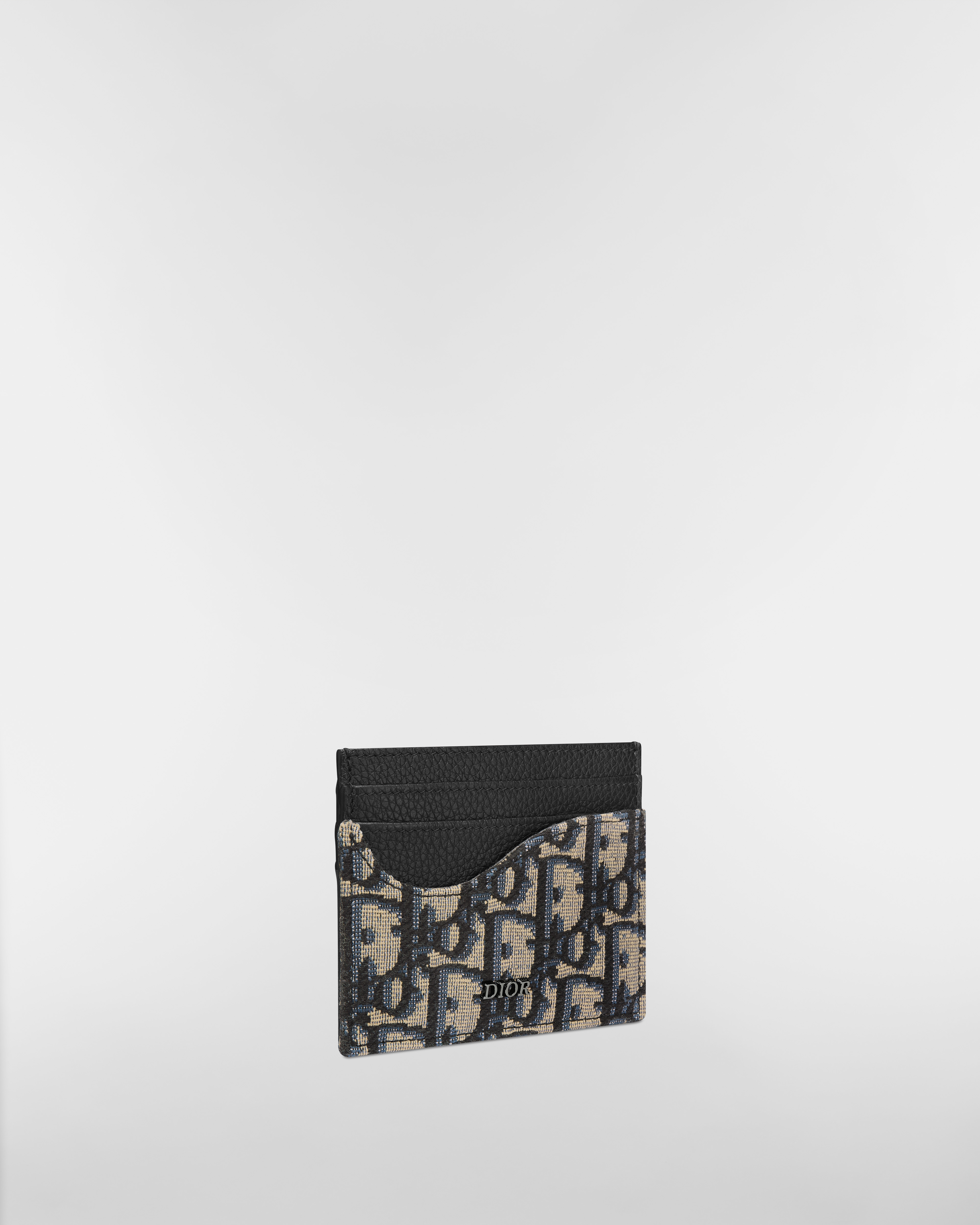 Saddle Card Holder Black Grained Calfskin Marquetry with Beige and Black Dior Oblique Jacquard E03