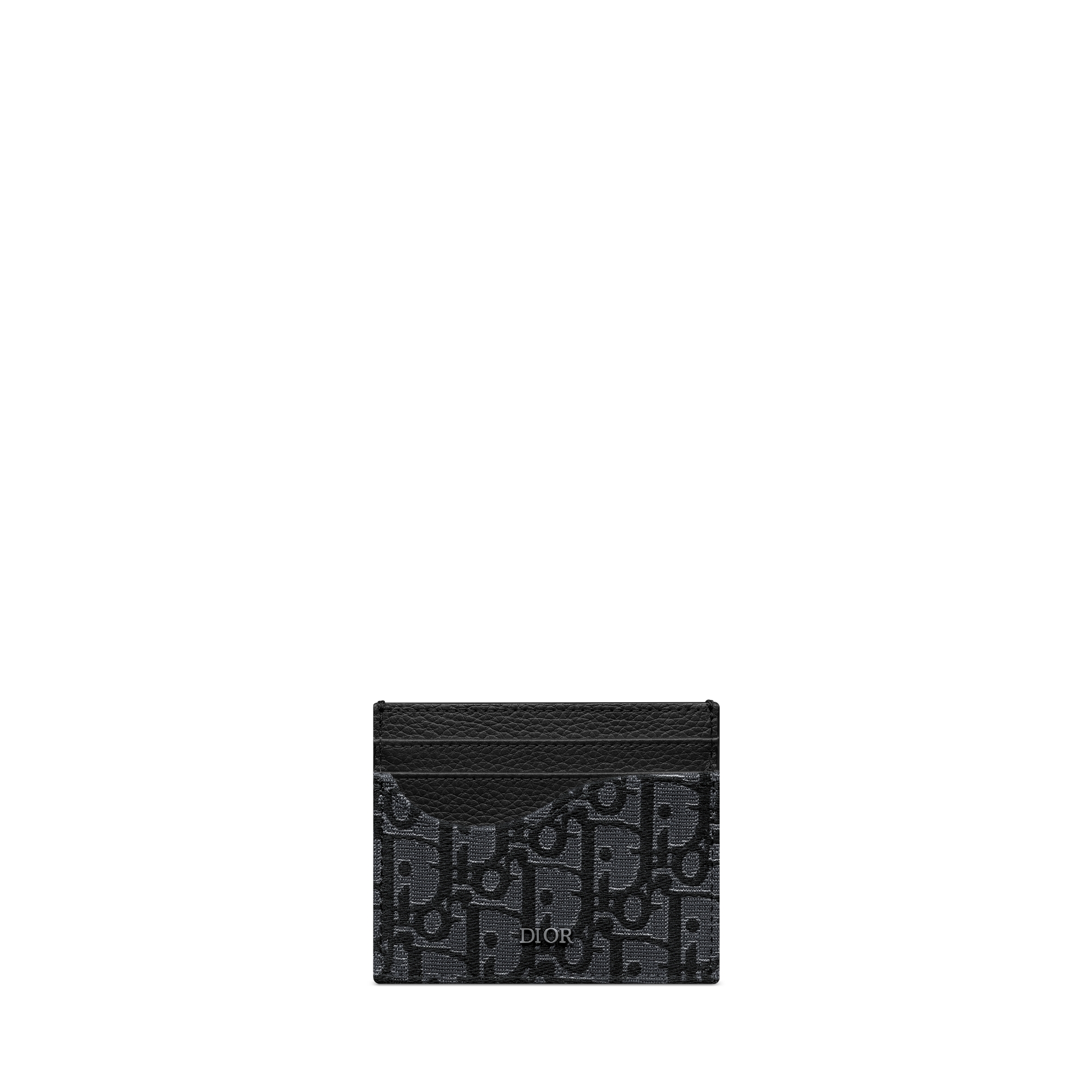 Saddle Card Holder Black Grained Calfskin and Silver-Tone Metallic Dior Oblique Jacquard Marquetry E01
