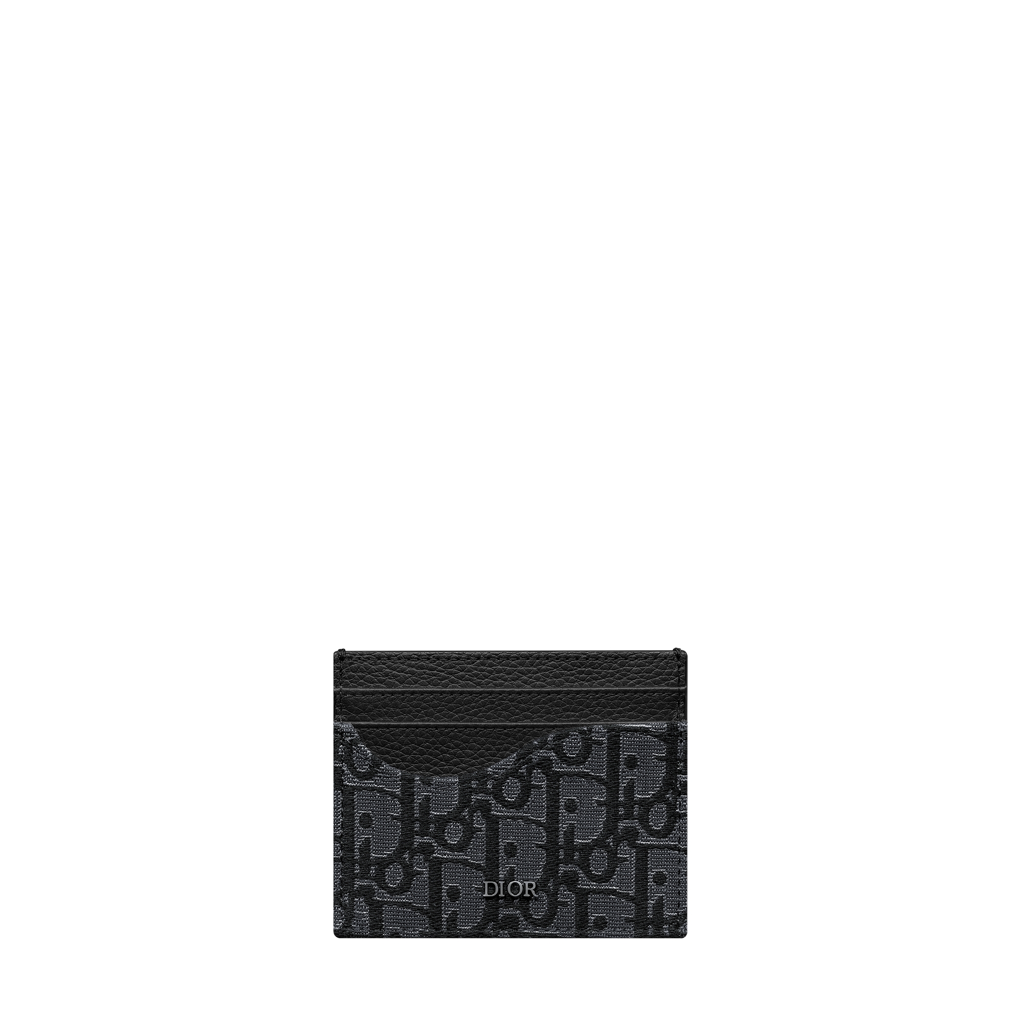 Saddle Card Holder Black Grained Calfskin and Silver-Tone Metallic Dior Oblique Jacquard Marquetry E01