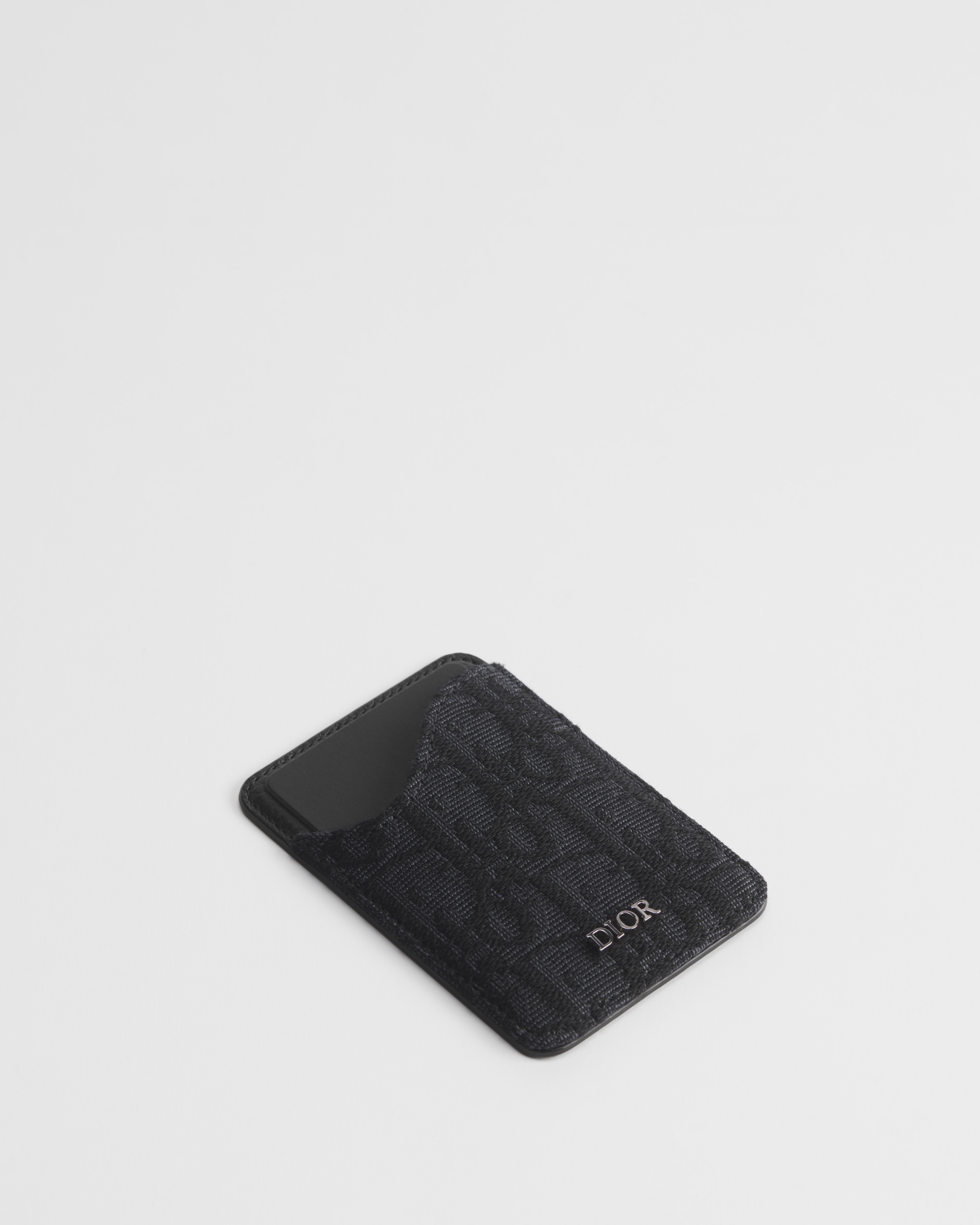 Saddle Magnetic Card Holder Black Grained Calfskin Marquetry and Black Dior Oblique Jacquard E03