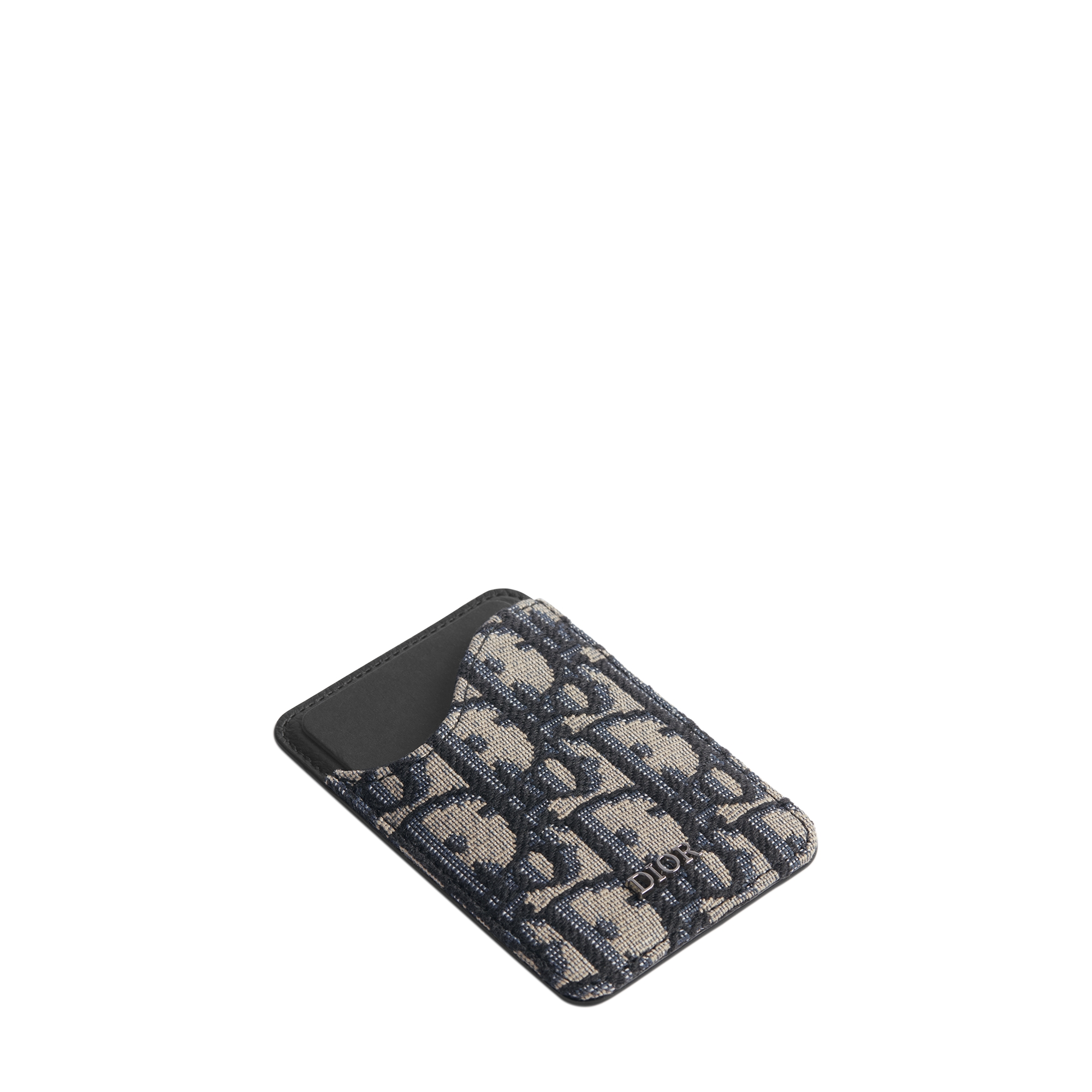 Saddle Magnetic Card Holder Black Grained Calfskin Marquetry with Beige and Black Dior Oblique Jacquard E03