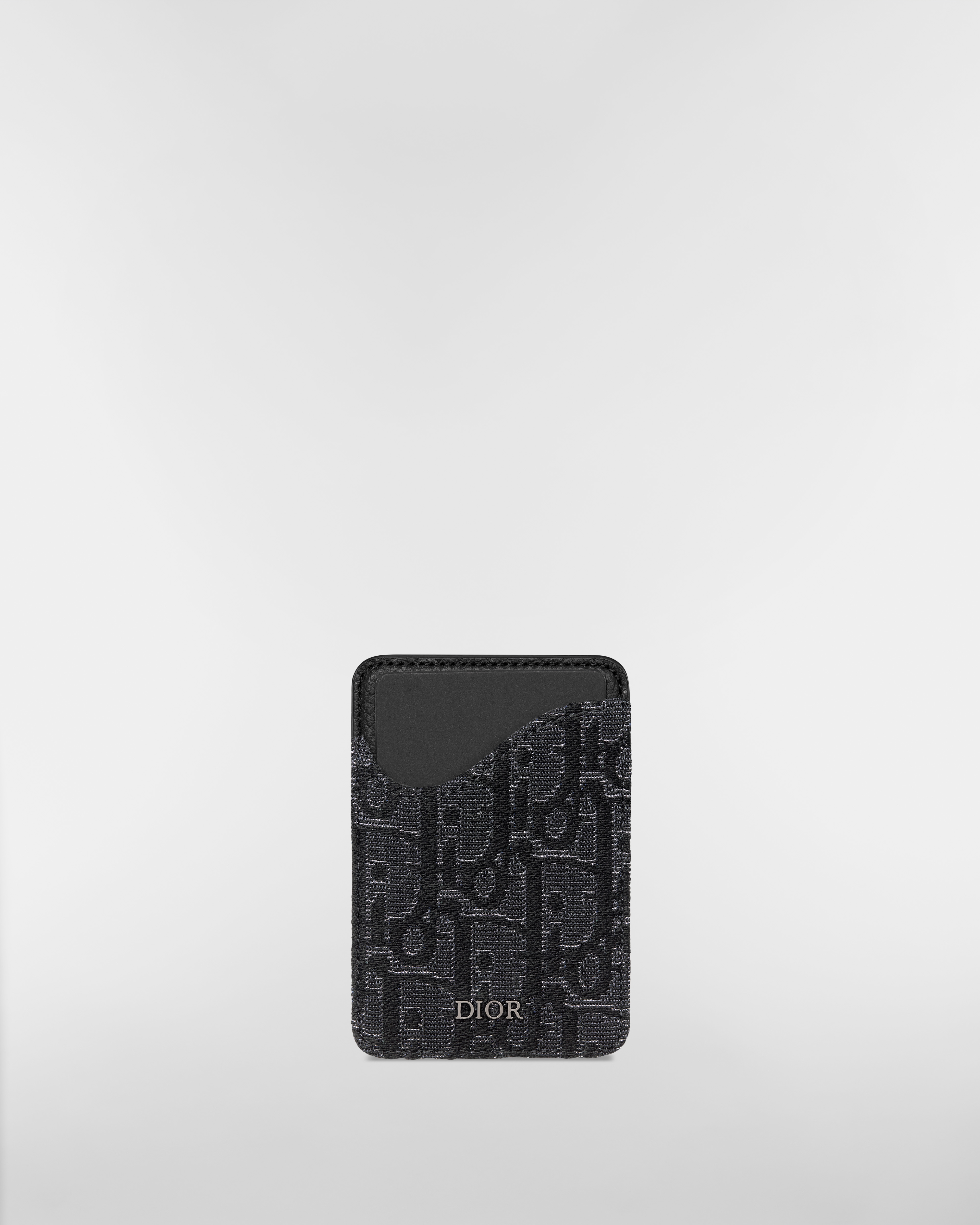 Tarjetero magnético Saddle Marquetería de piel de becerro graneada negra y Dior Oblique en jacquard metalizado plateado E01