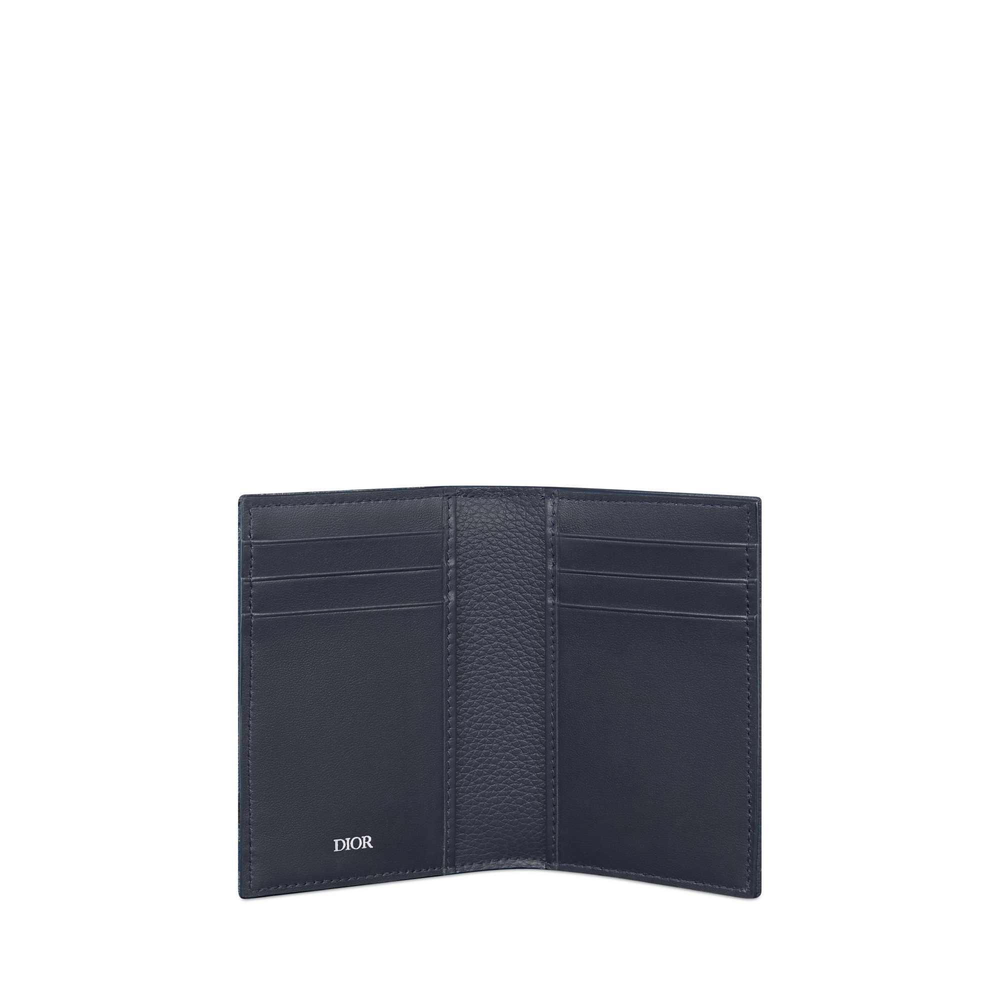 حاملة البطاقات Saddle الثنائية الطيّ جلد العجل المحبّب باللون الأزرق العميق المطعّم بنمط ديور أوبليك تريو بحبك الجاكار الأزرق العميق E07