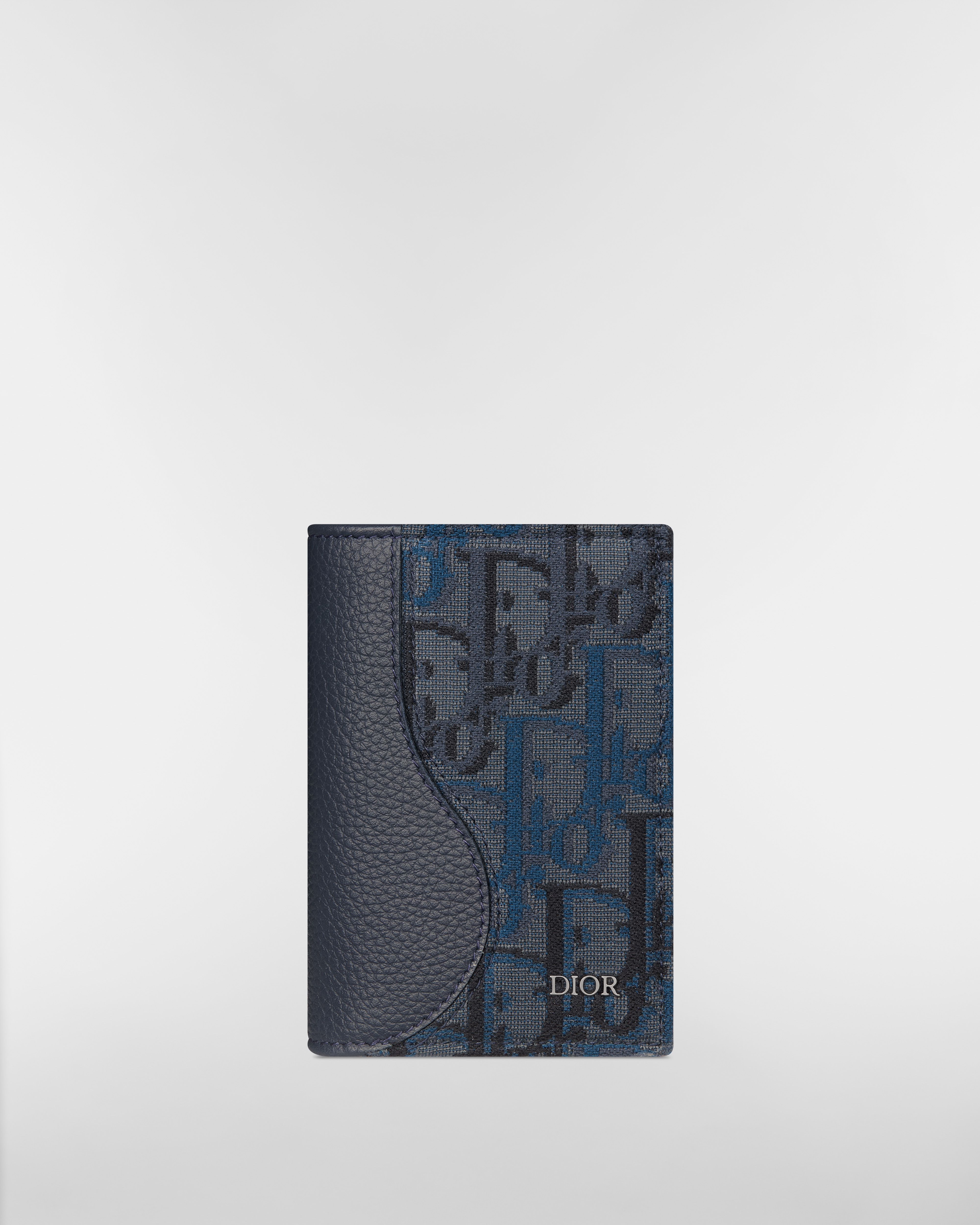 Saddle Bifold Card Holder Deep Blue Grained Calfskin and Deep Blue Dior Oblique Trio Jacquard Marquetry E01