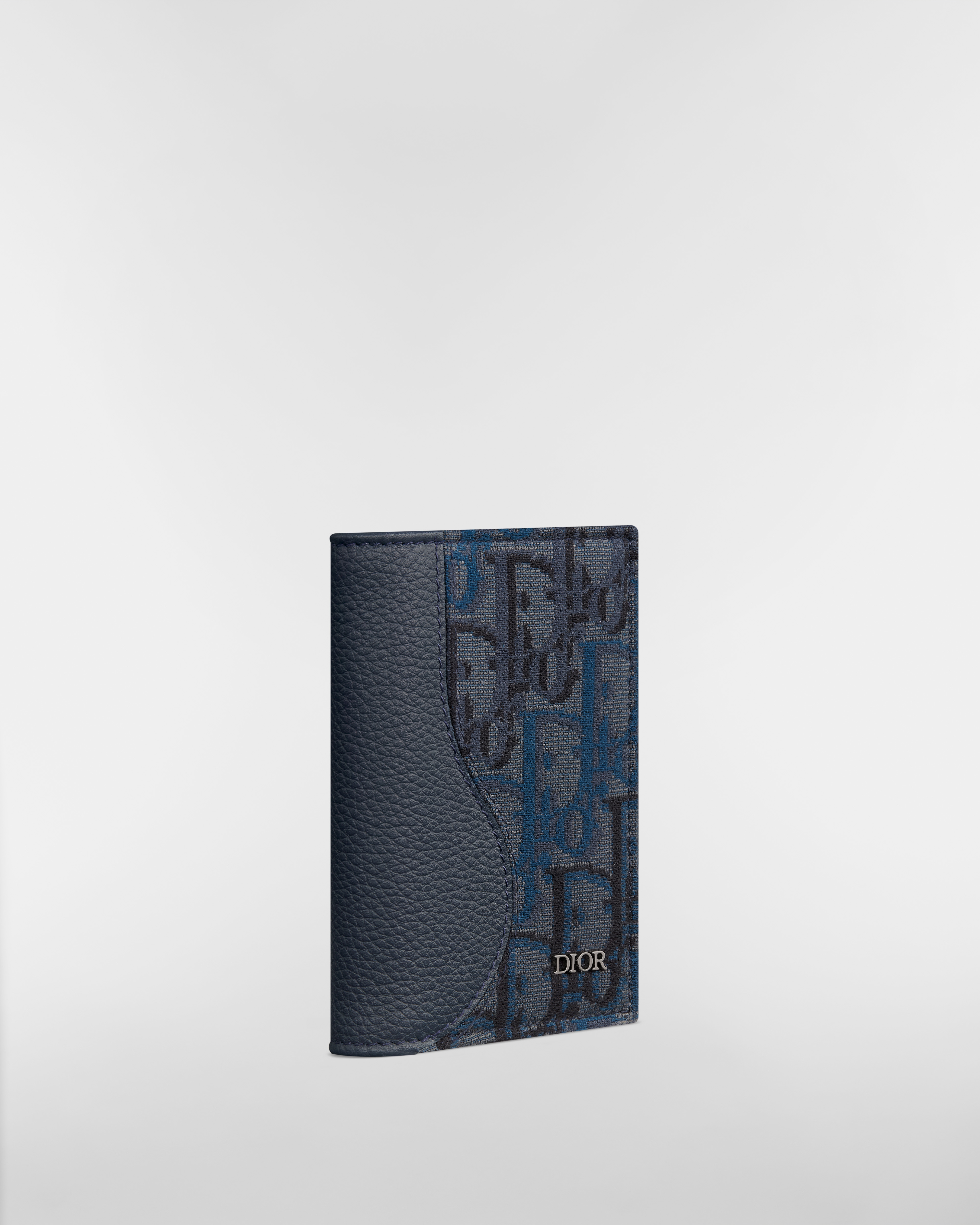 Saddle Bifold Card Holder Deep Blue Grained Calfskin and Deep Blue Dior Oblique Trio Jacquard Marquetry E03
