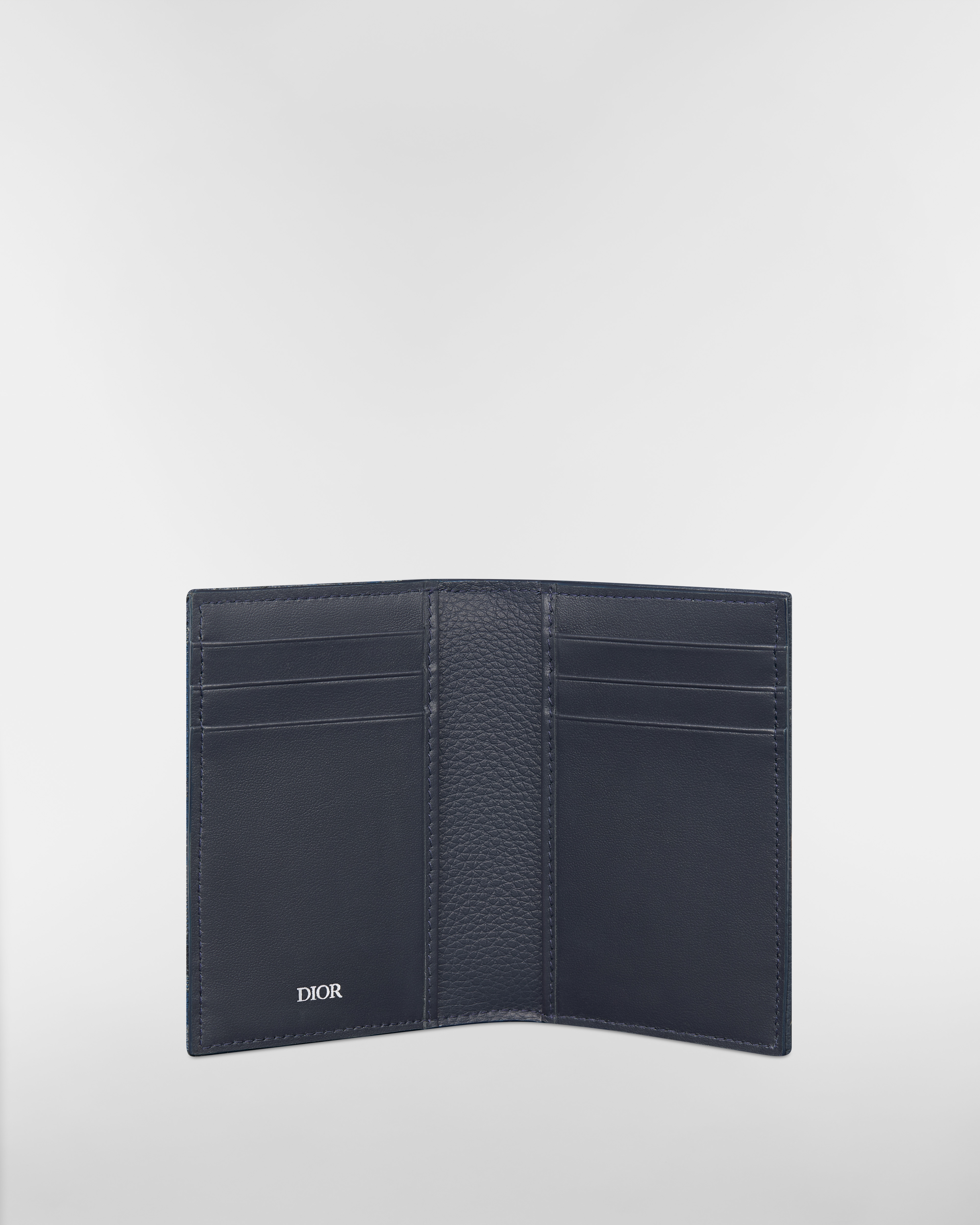 Porte-cartes à deux volets Saddle Marqueterie de cuir de veau grainé bleu foncé et toile jacquard Dior Oblique Trio bleu foncé E07