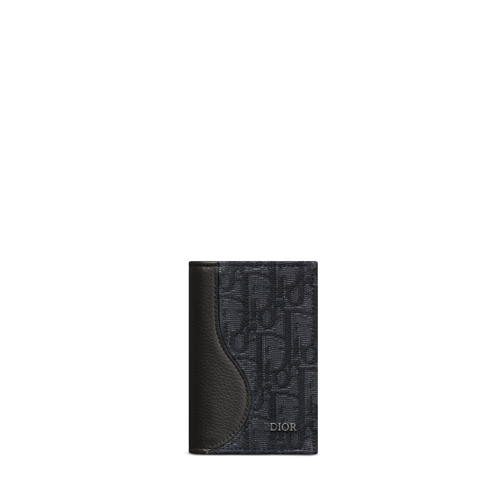 Saddle Bifold Card Holder Black Grained Calfskin and Black Dior Oblique Jacquard Marquetry E01