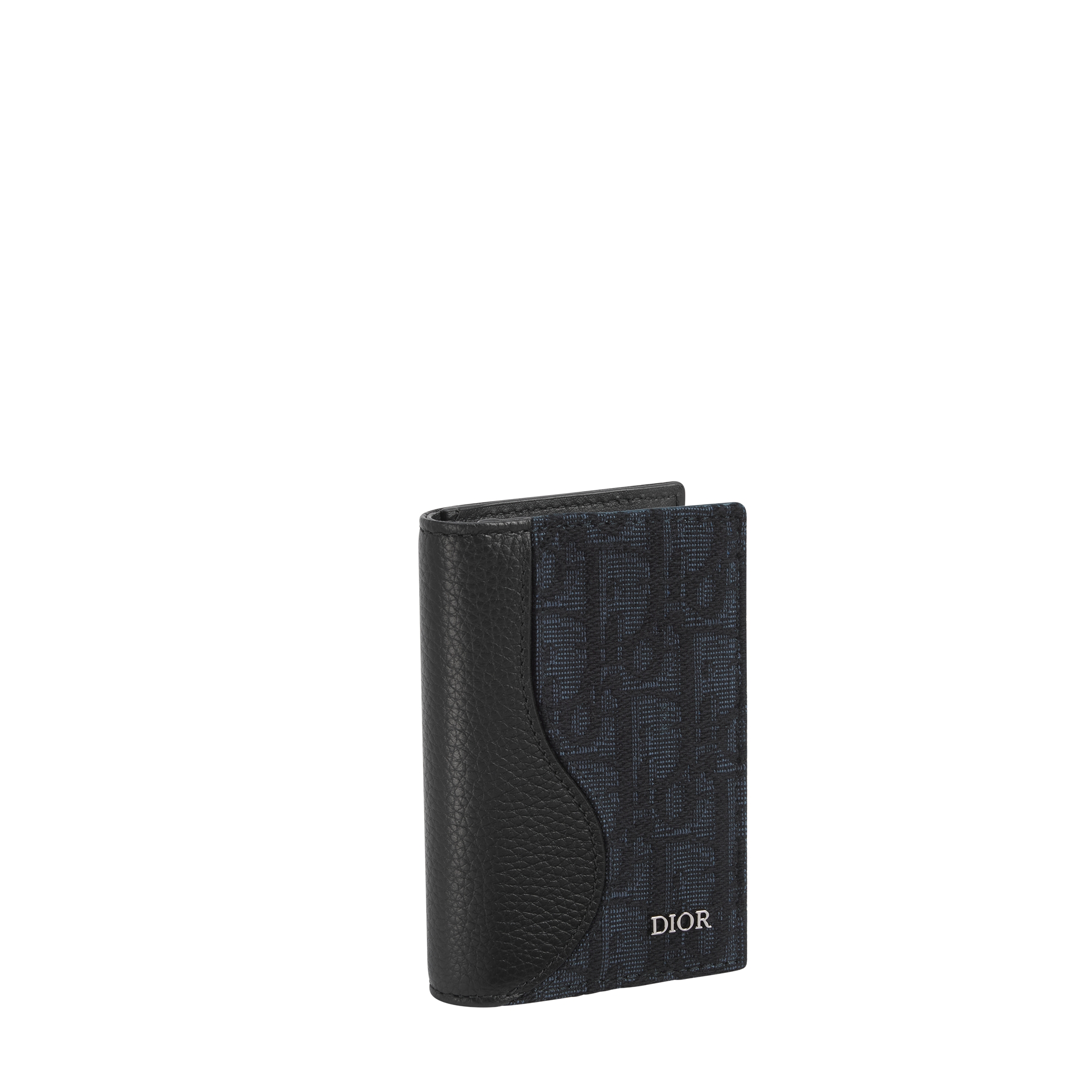 Saddle Bifold Card Holder Black Grained Calfskin and Black Dior Oblique Jacquard Marquetry E03