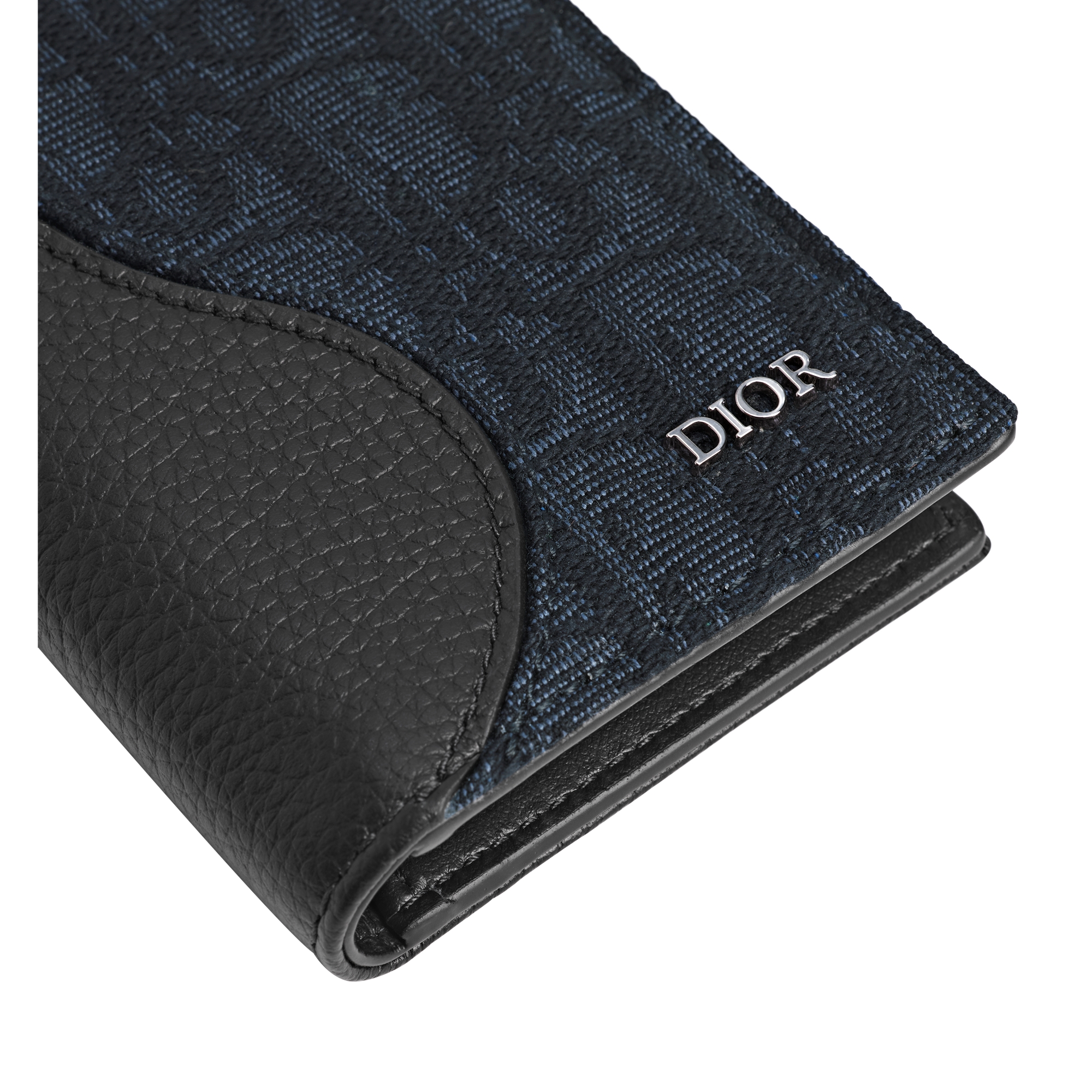 Saddle Bifold Card Holder Black Grained Calfskin and Black Dior Oblique Jacquard Marquetry E09