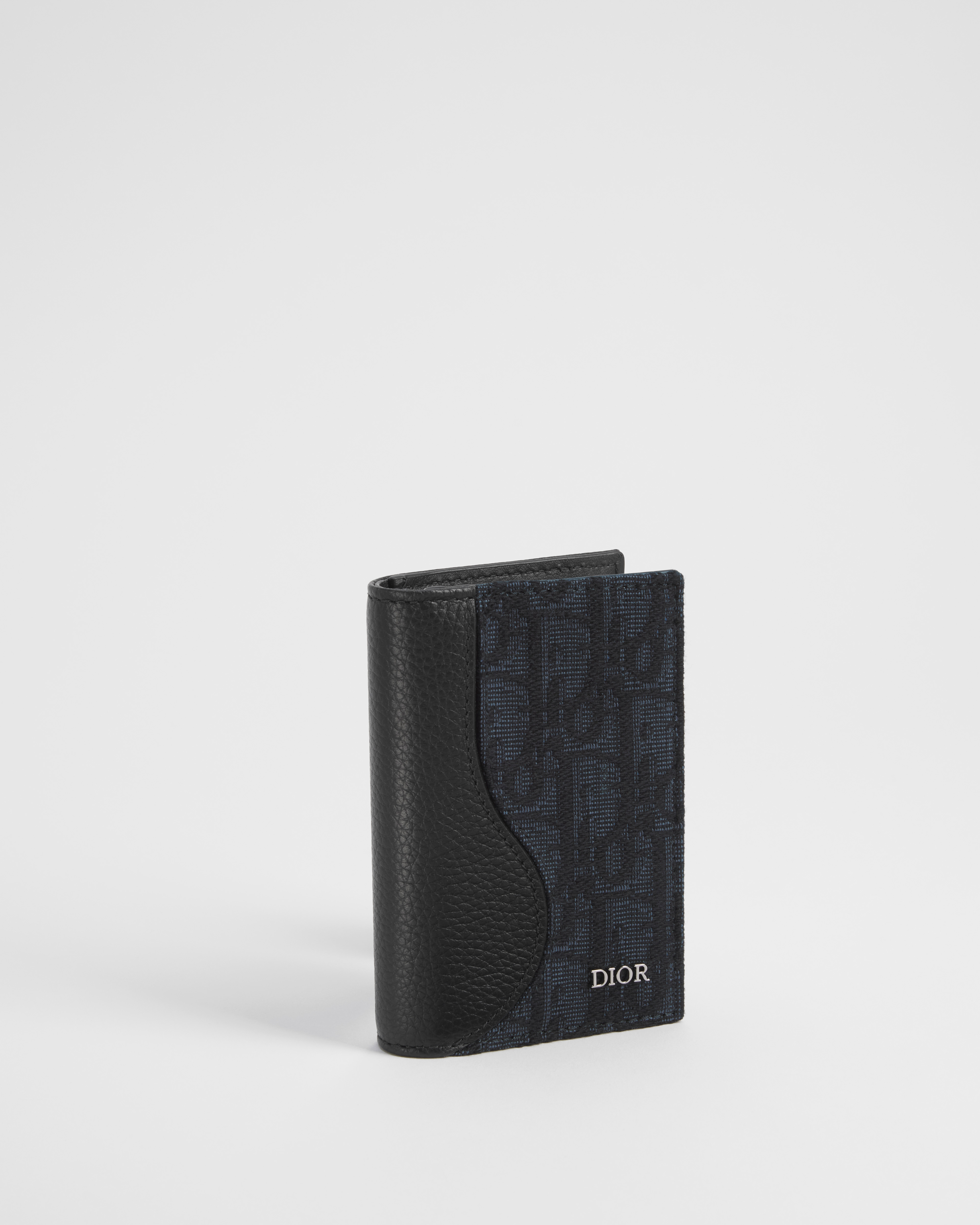 Porte-cartes à deux volets Saddle Marqueterie de cuir de veau grainé noir et toile jacquard Dior Oblique noir E03