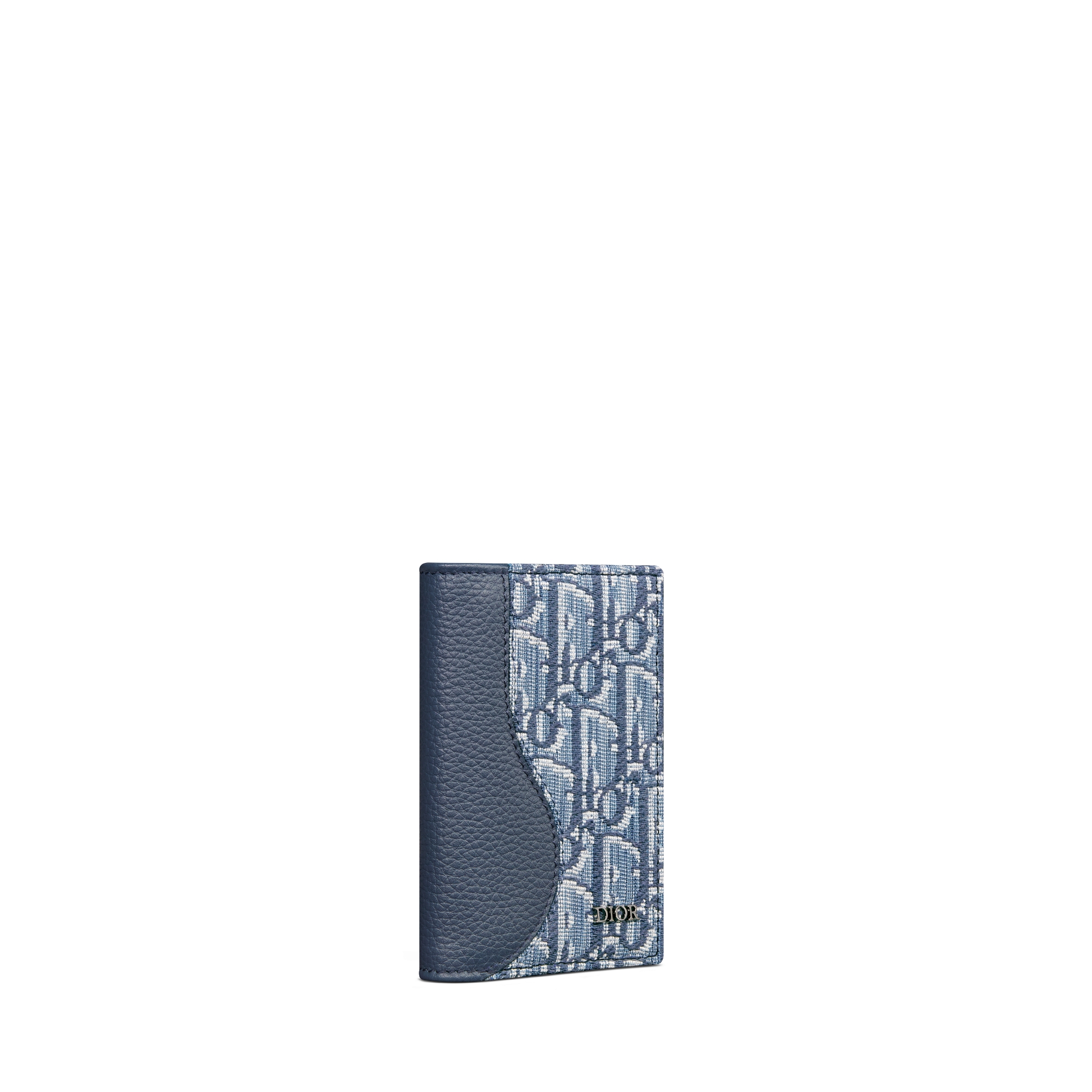 Saddle Vertical Bifold Card Holder Blue Grained Calfskin Marquetry and Blue Dior Oblique Jacquard E03