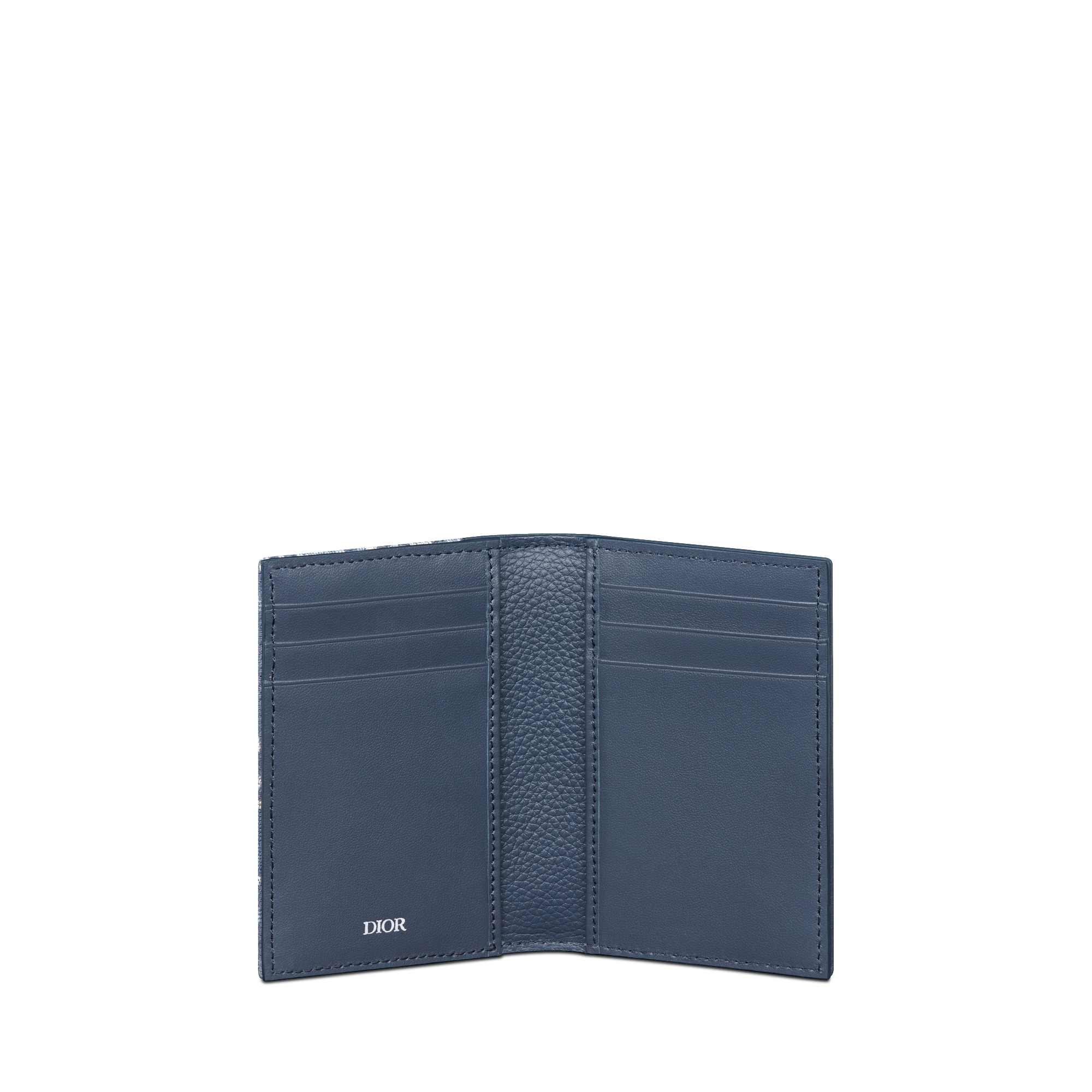 Saddle Vertical Bifold Card Holder Blue Grained Calfskin Marquetry and Blue Dior Oblique Jacquard E07