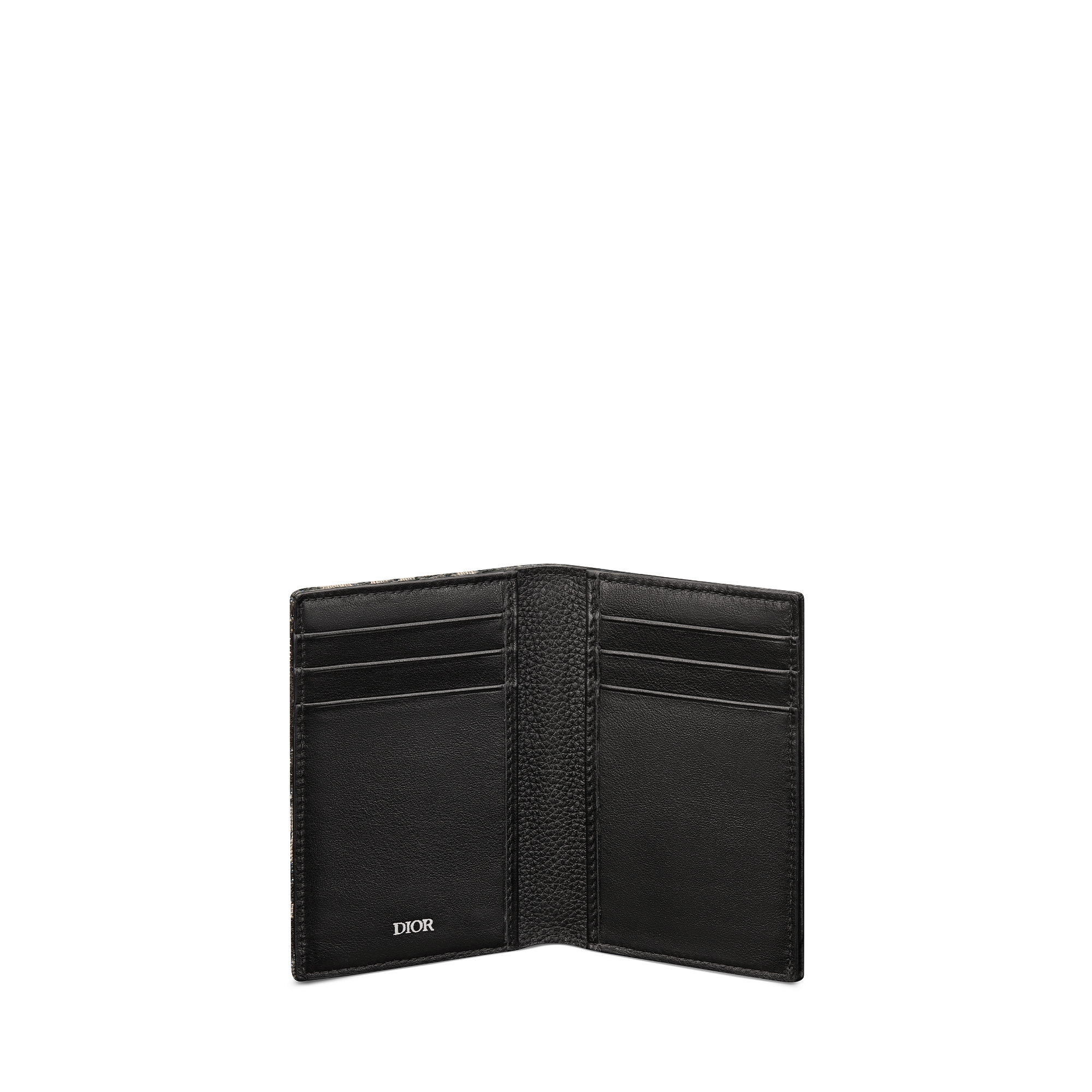 Saddle Bifold-Kartenetui im Hochformat Genarbtes Kalbsleder in Schwarz mit Marketerie und Dior Oblique Jacquard in Beige und Schwarz E07