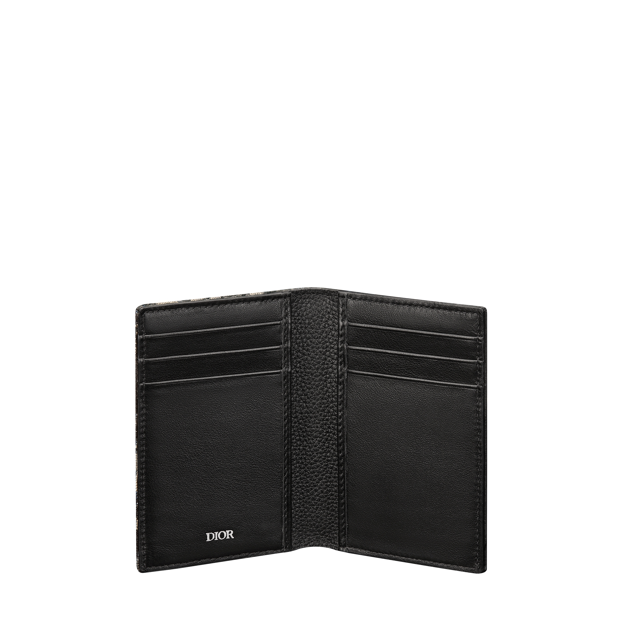 Saddle Vertical Bifold Card Holder Black Grained Calfskin Marquetry with Beige and Black Dior Oblique Jacquard E07