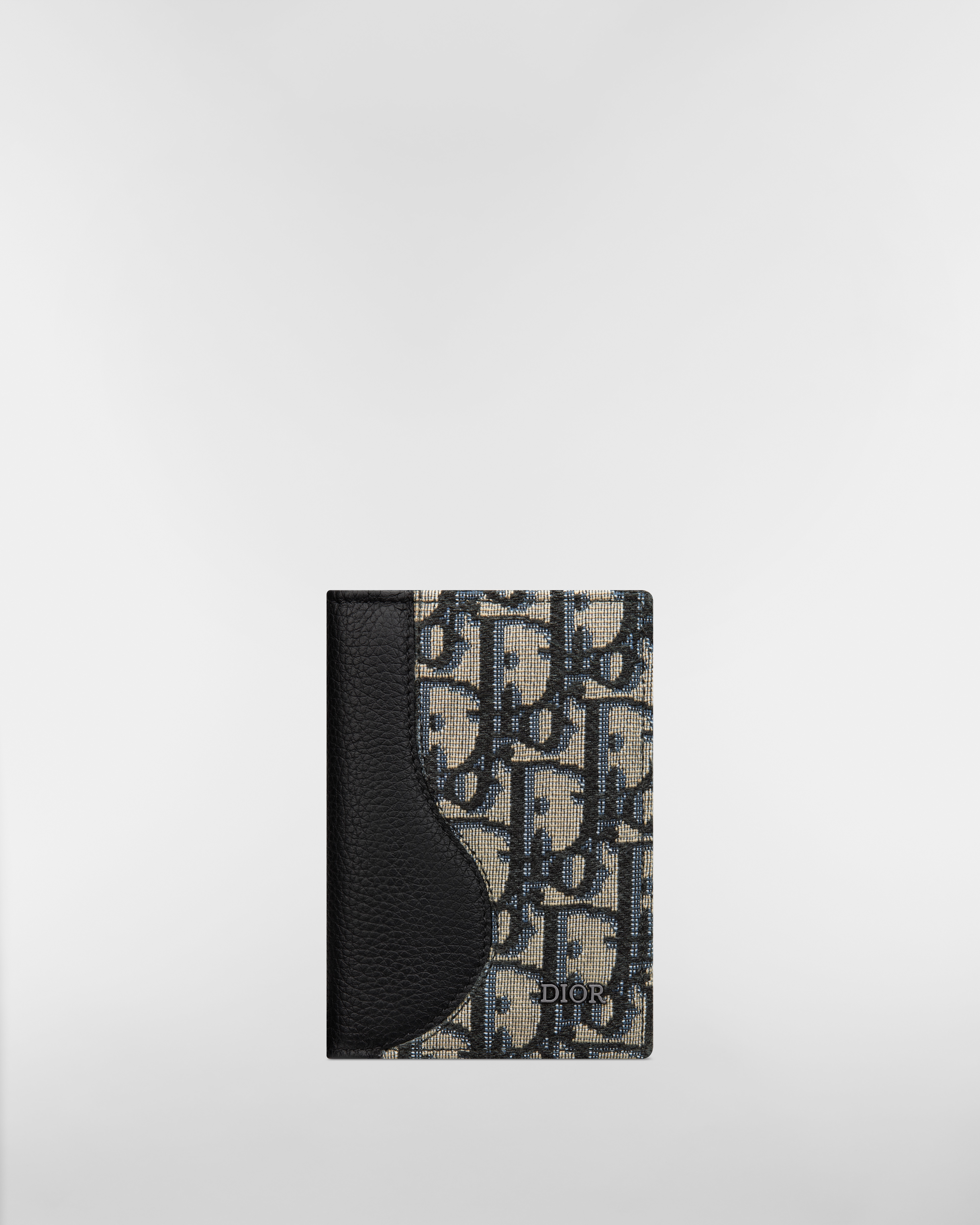 Saddle 直式兩摺型卡片套 黑色顆粒小牛皮鑲嵌工藝配米色和黑色 Dior Oblique 圖案緹花 E01